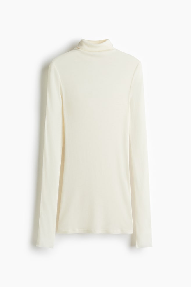 Top col roulé en laine - Crème/Gris foncé chiné - 1