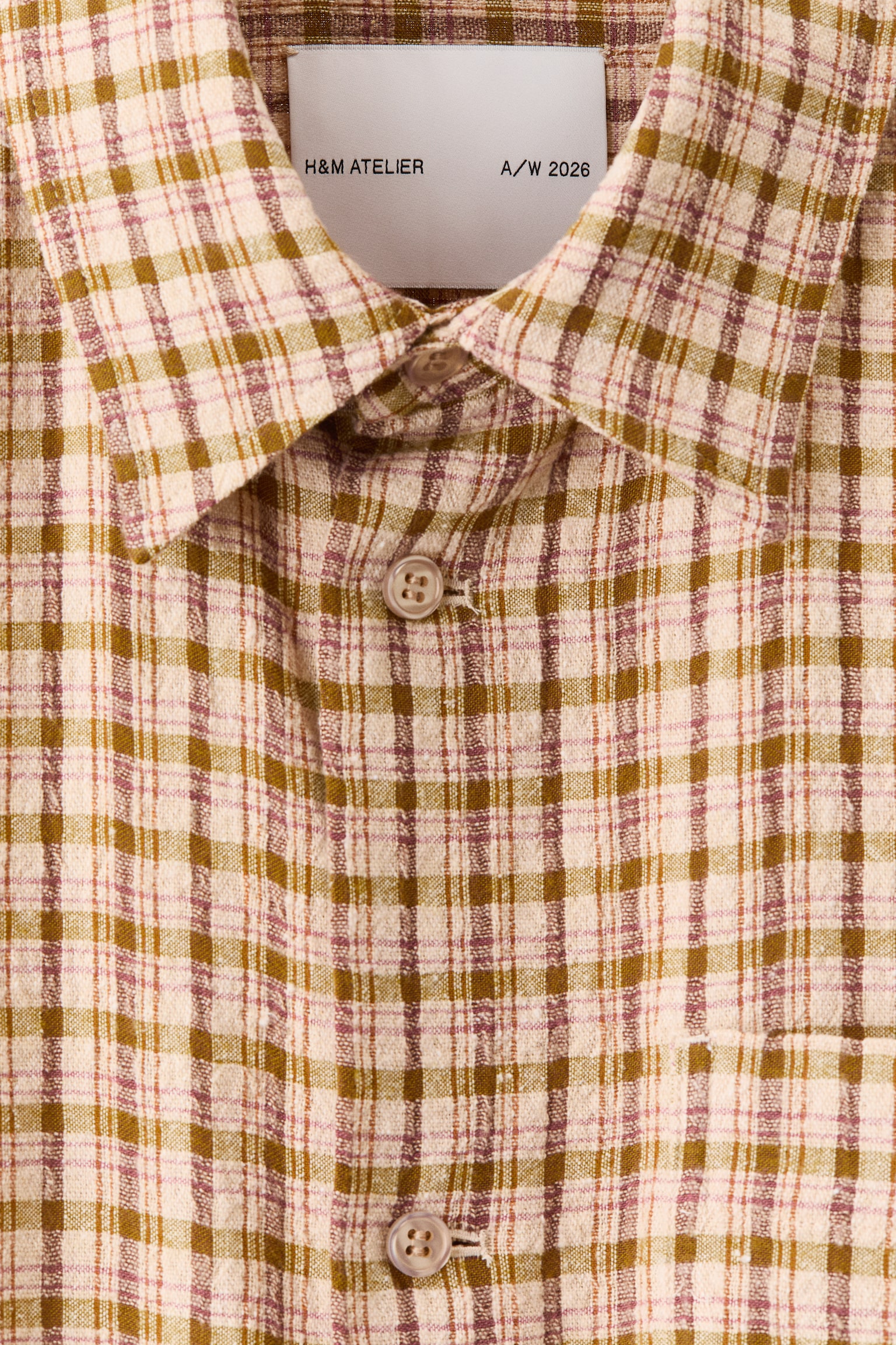 Мужская рубашка H&M Relaxed-Fit Textured-Weave, цвет: Бежевый / Клетчатый — фото 7