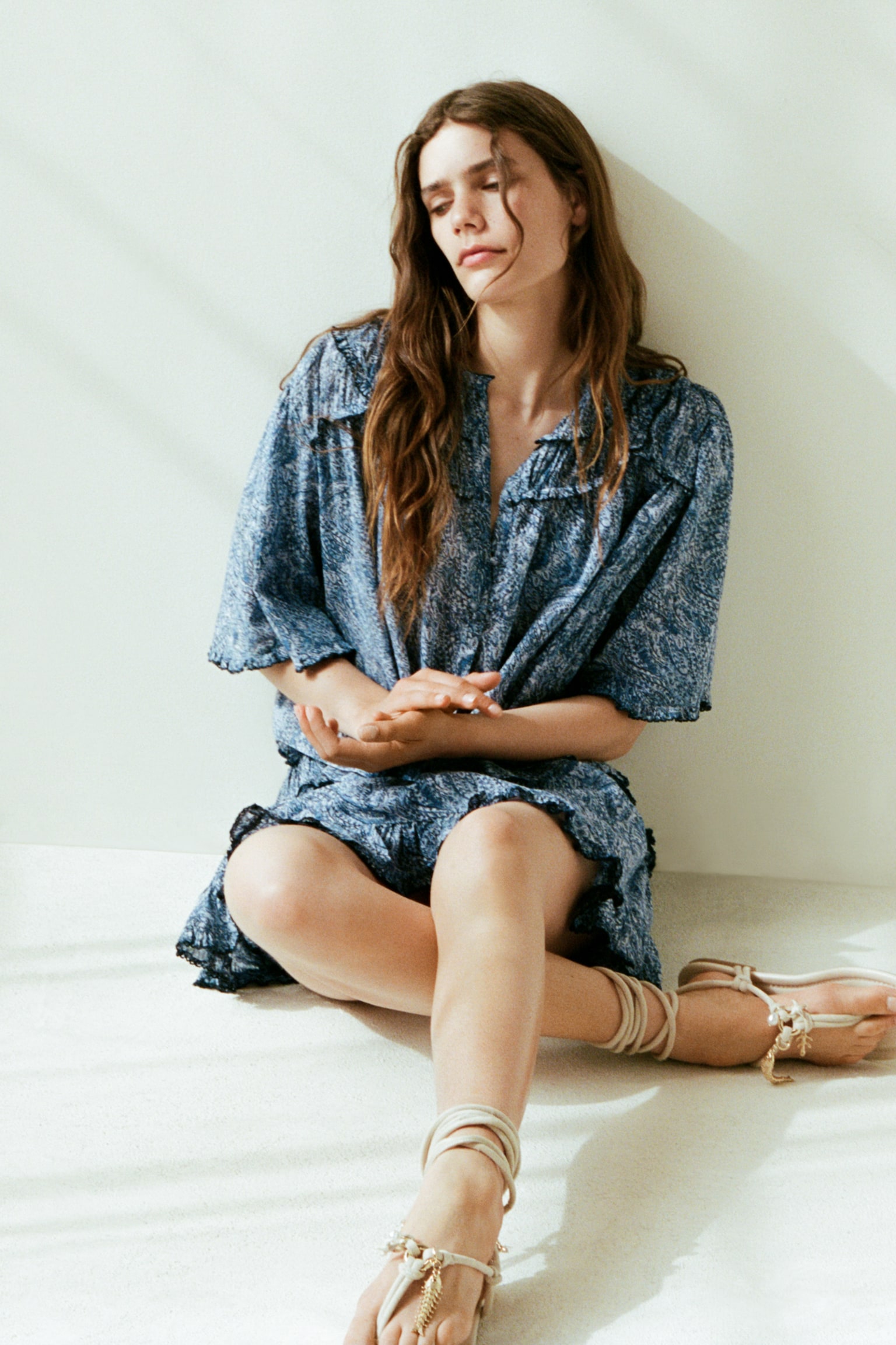 Женская блузка H&M Ruffled Cotton Blouse, цвет: Синий — фото 4