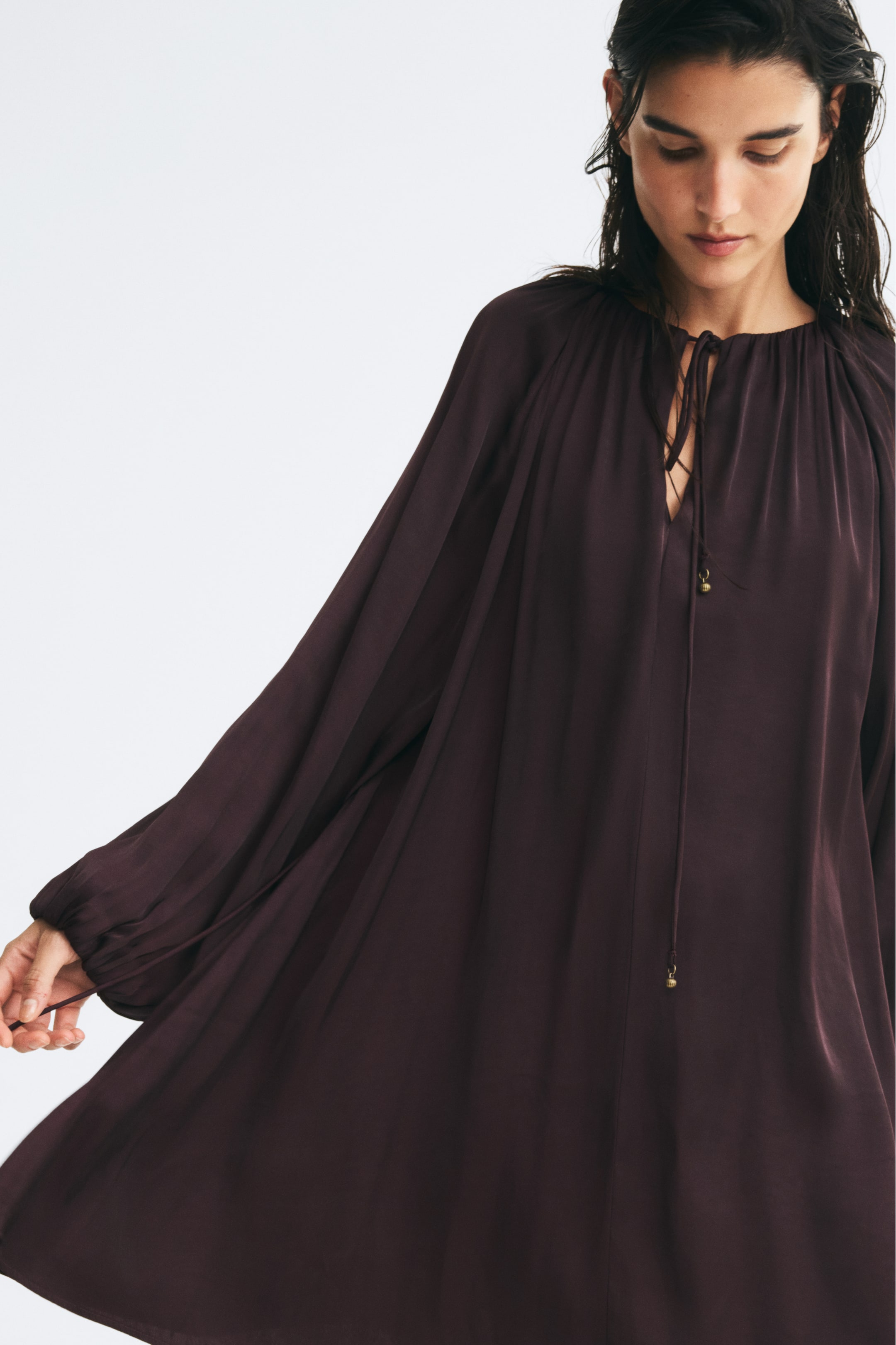Balloon-Sleeved Tie-Belt Dress