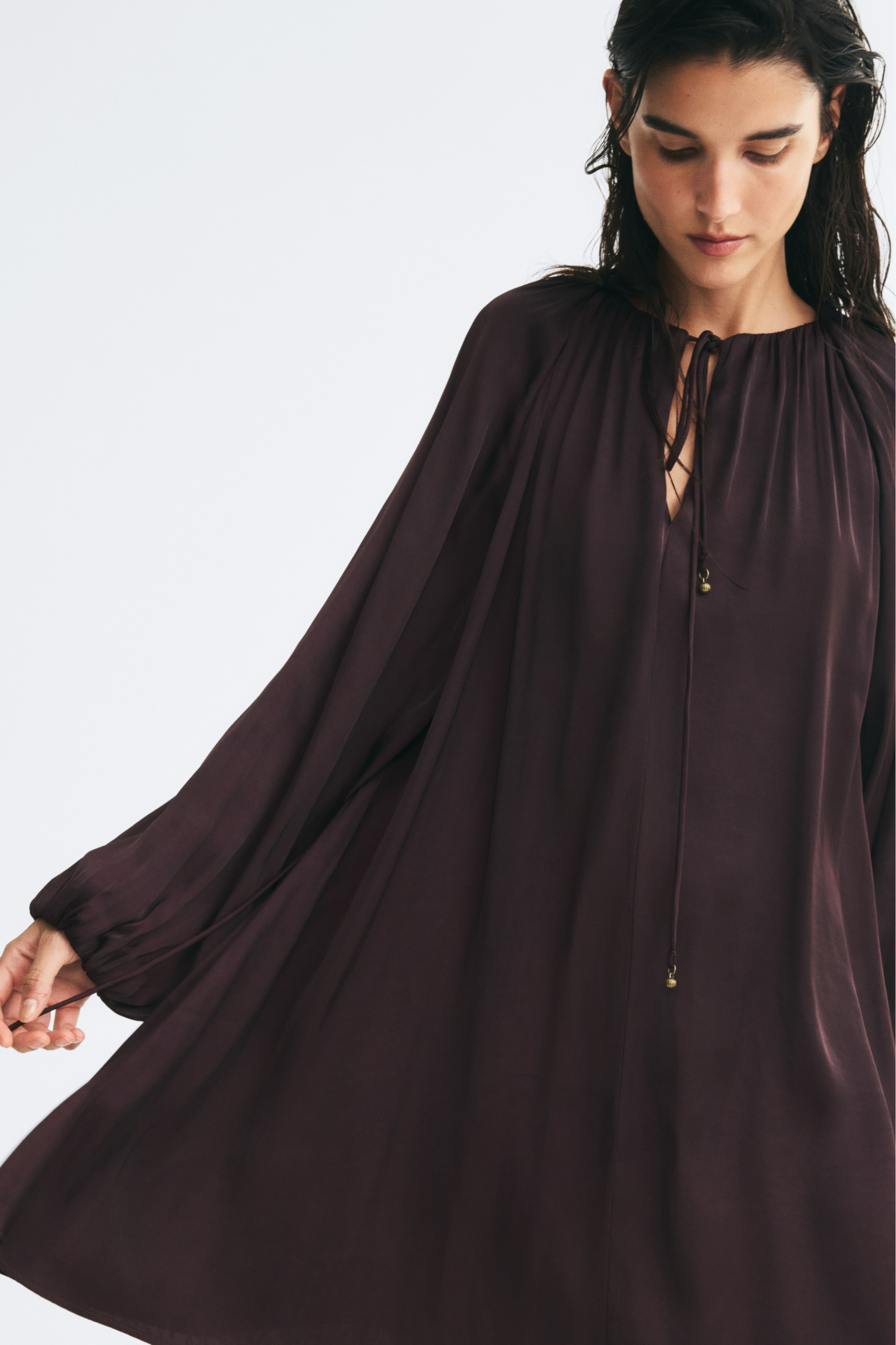 Balloon-Sleeved Tie-Belt Dress