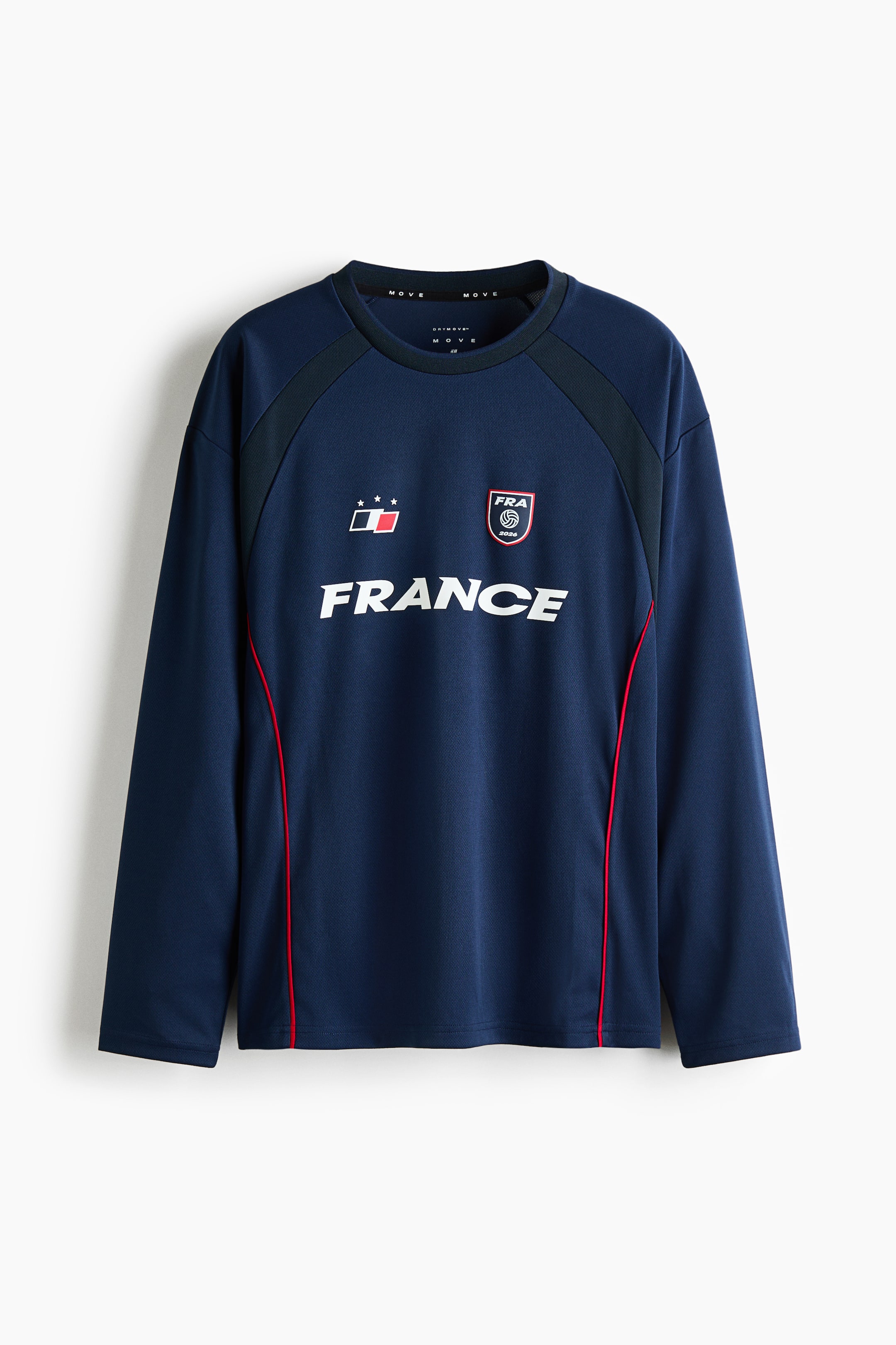 View larger image: A navy blue long-sleeved shirt is facing front, featuring a round neck and raglan sleeves with darker navy panels on the shoulders. Its front is displaying "FRANCE" in white lettering, along with three stars, a flag-like emblem, and a "FRA 2024" shield logo, while thin red stripes are running vertically down each side.