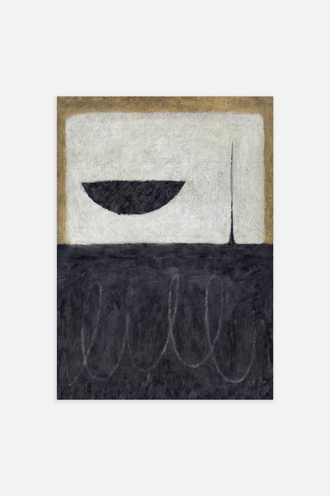 Une impression dâart abstrait prÃ©sentant une composition texturÃ©e divisÃ©e horizontalement en une moitiÃ© supÃ©rieure claire et une moitiÃ© infÃ©rieure sombre. La partie supÃ©rieure met en avant une forme semi-circulaire noire et une fine ligne verticale sur un fond blanc encadrÃ© dâune bordure dorÃ©e, tandis que la partie infÃ©rieure montre de faibles lignes blanches en boucles sur une surface gris foncÃ©. - 1