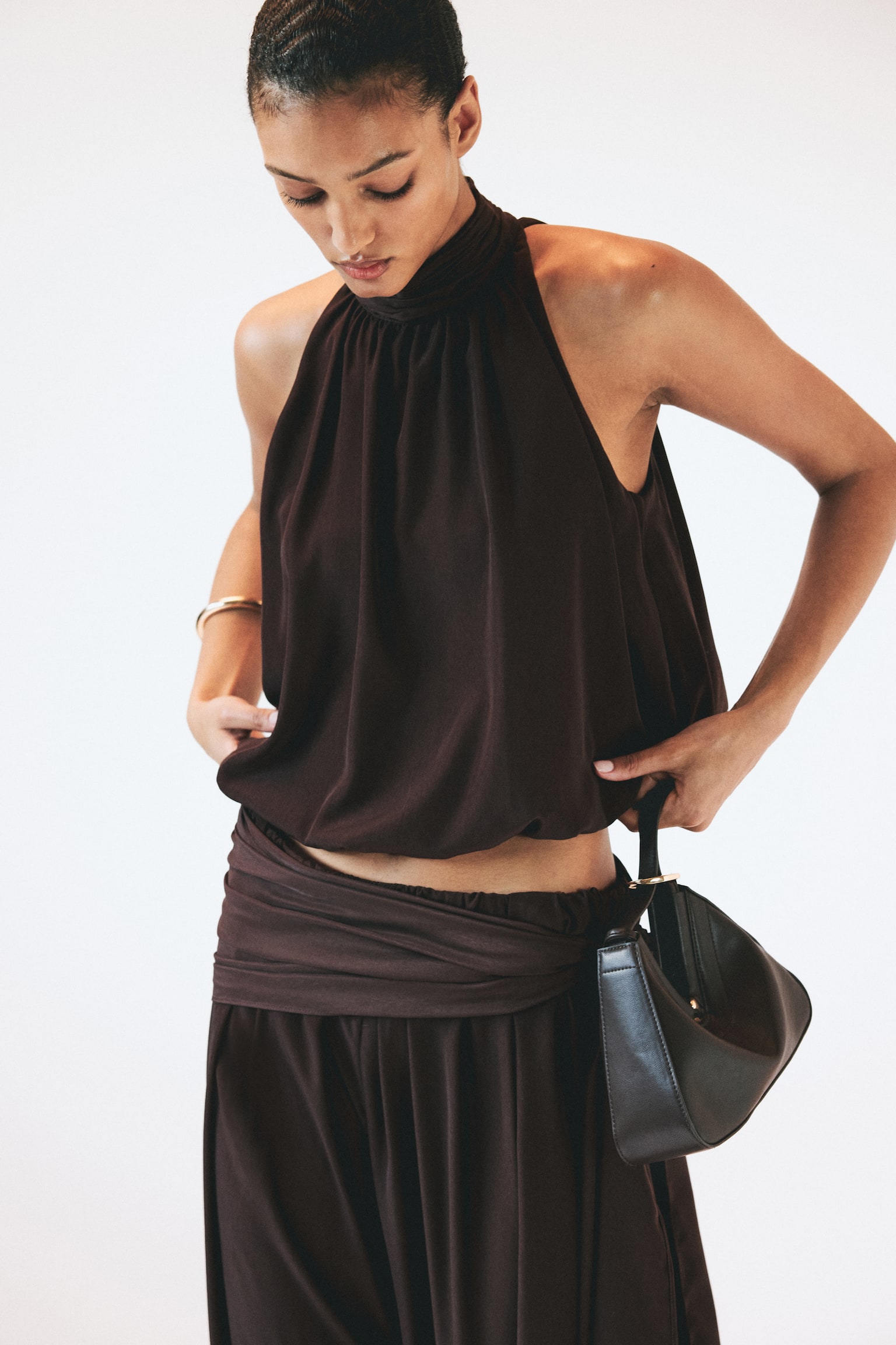 Bubble-hem halterneck top - Dark brown - 3