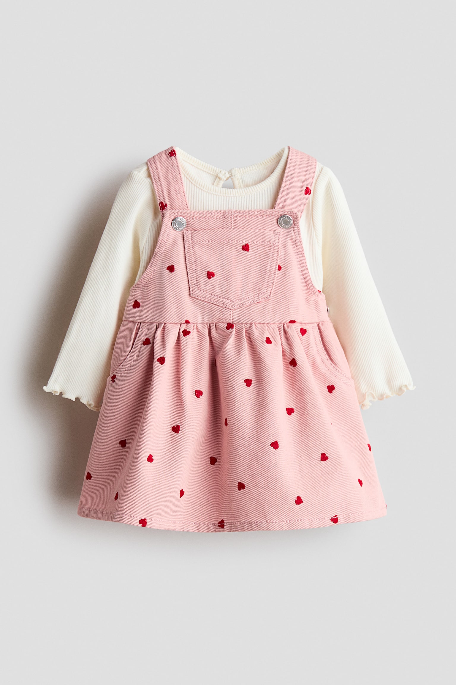 2-piece dungaree dress and top set - Light pink/Hearts/Beige/White/Dark denim blue/Cherries