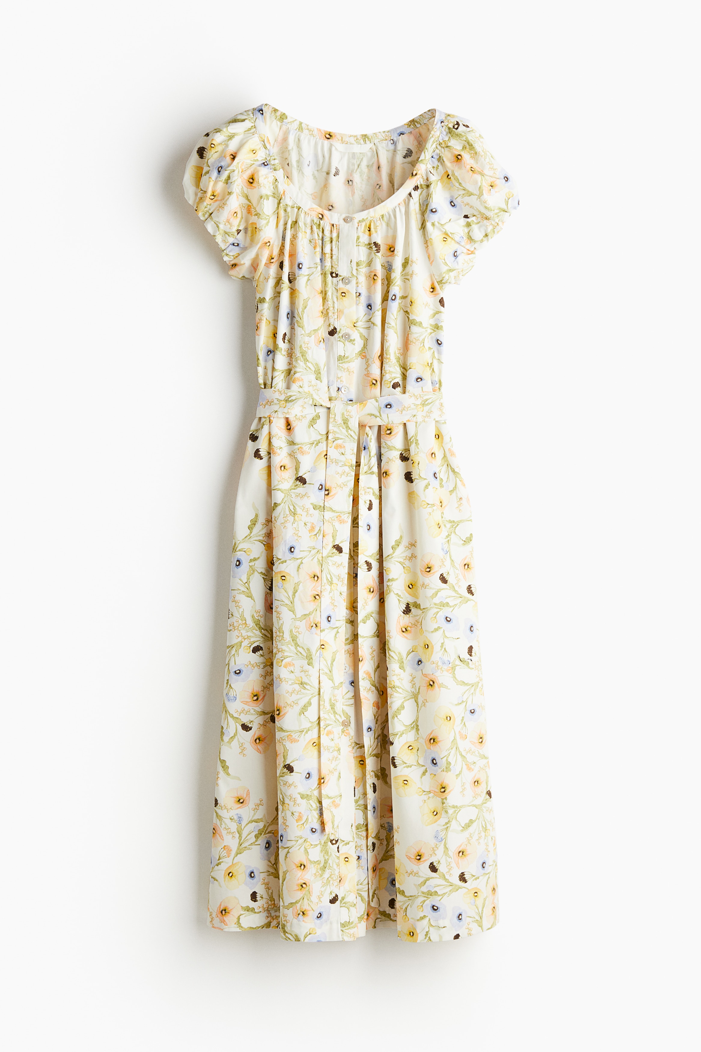 Tie-belt dress - Cream/Floral/Green/Patterned