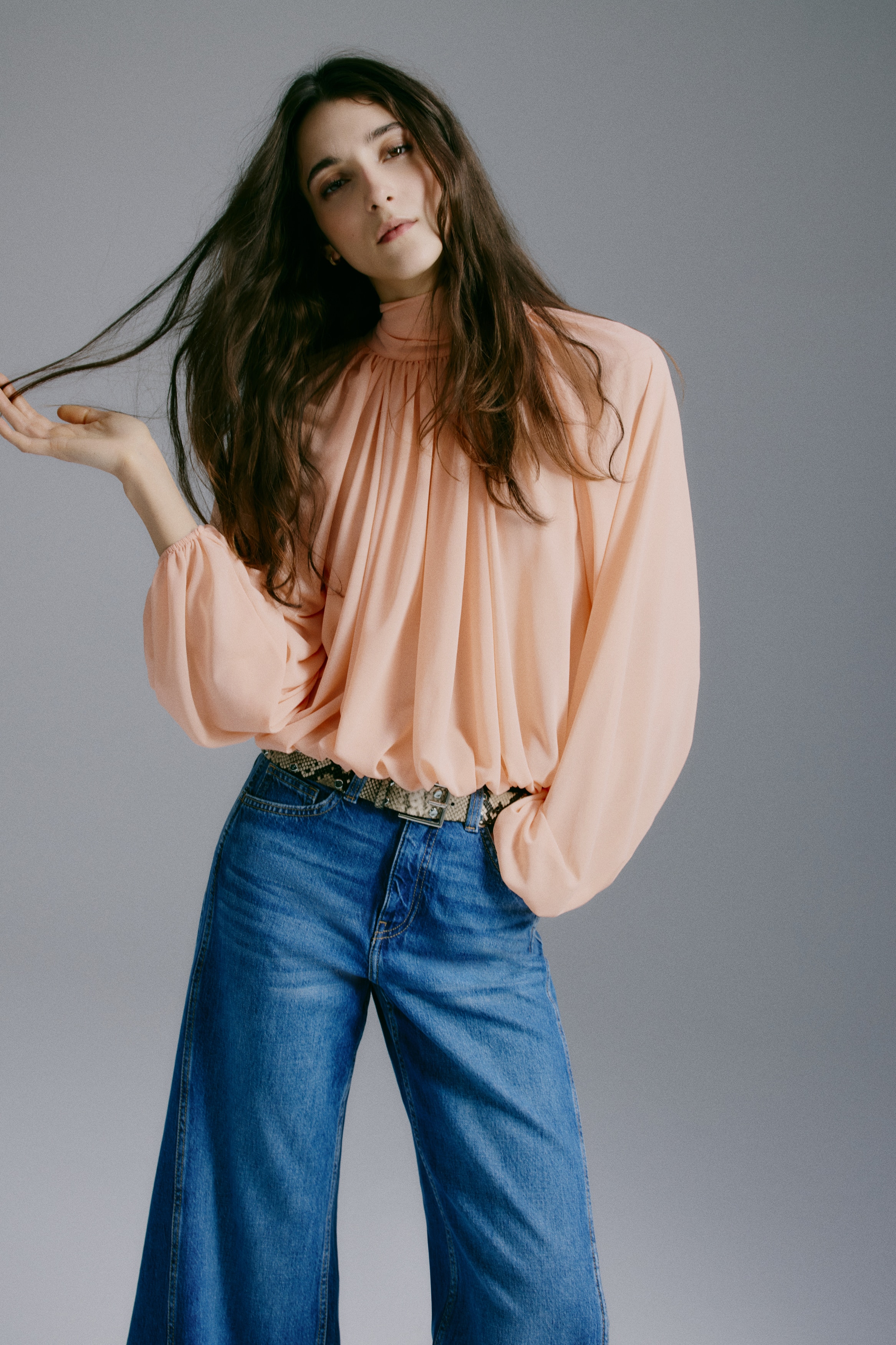 Blouse avec col à nouer - Rose pêche/Jaune moutarde