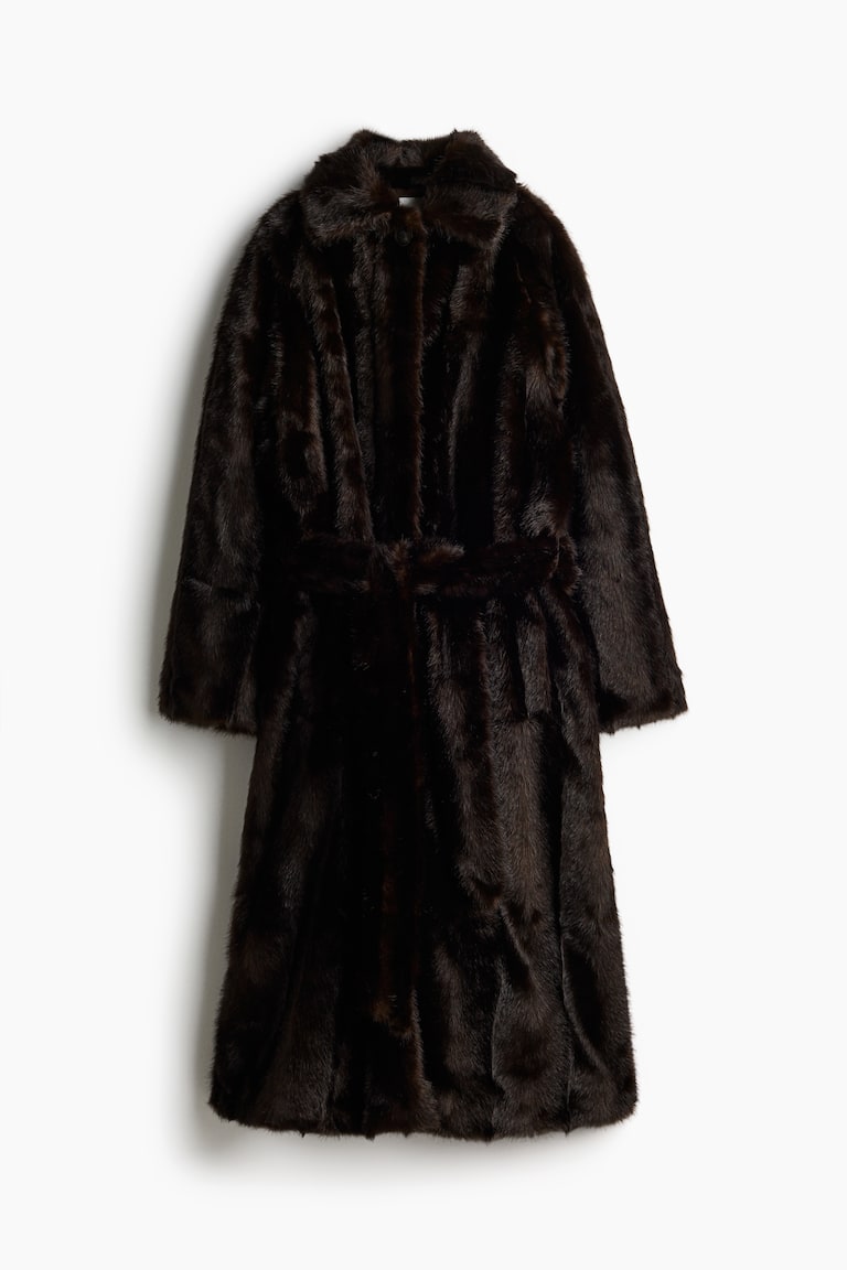 Fluffy tie-belt coat Dark brown Ladies H&M GB