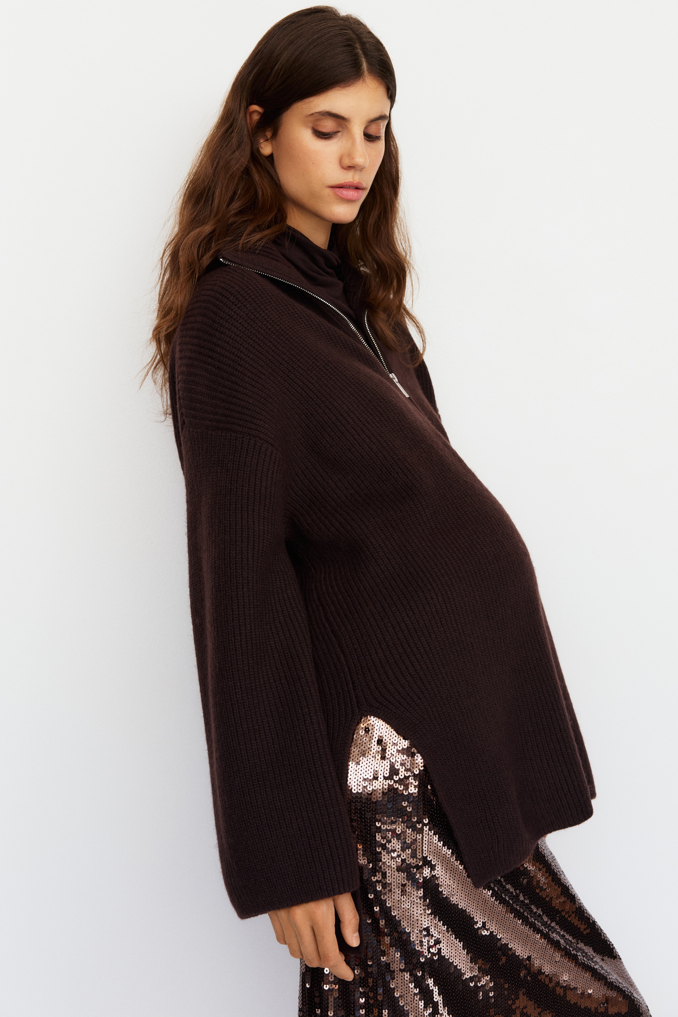 MAMA Before & After Half-zip Sweater - Light beige/striped