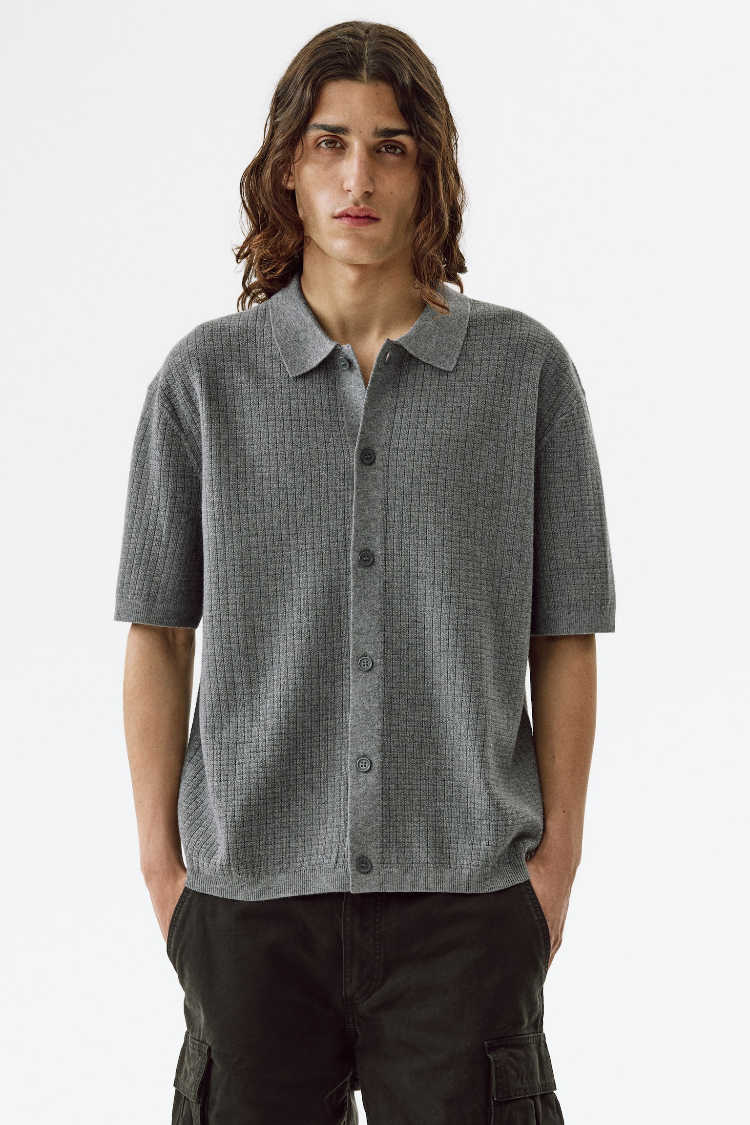 Camisa em malha texturizada Regular Fit - Cinzento/Branco - 1