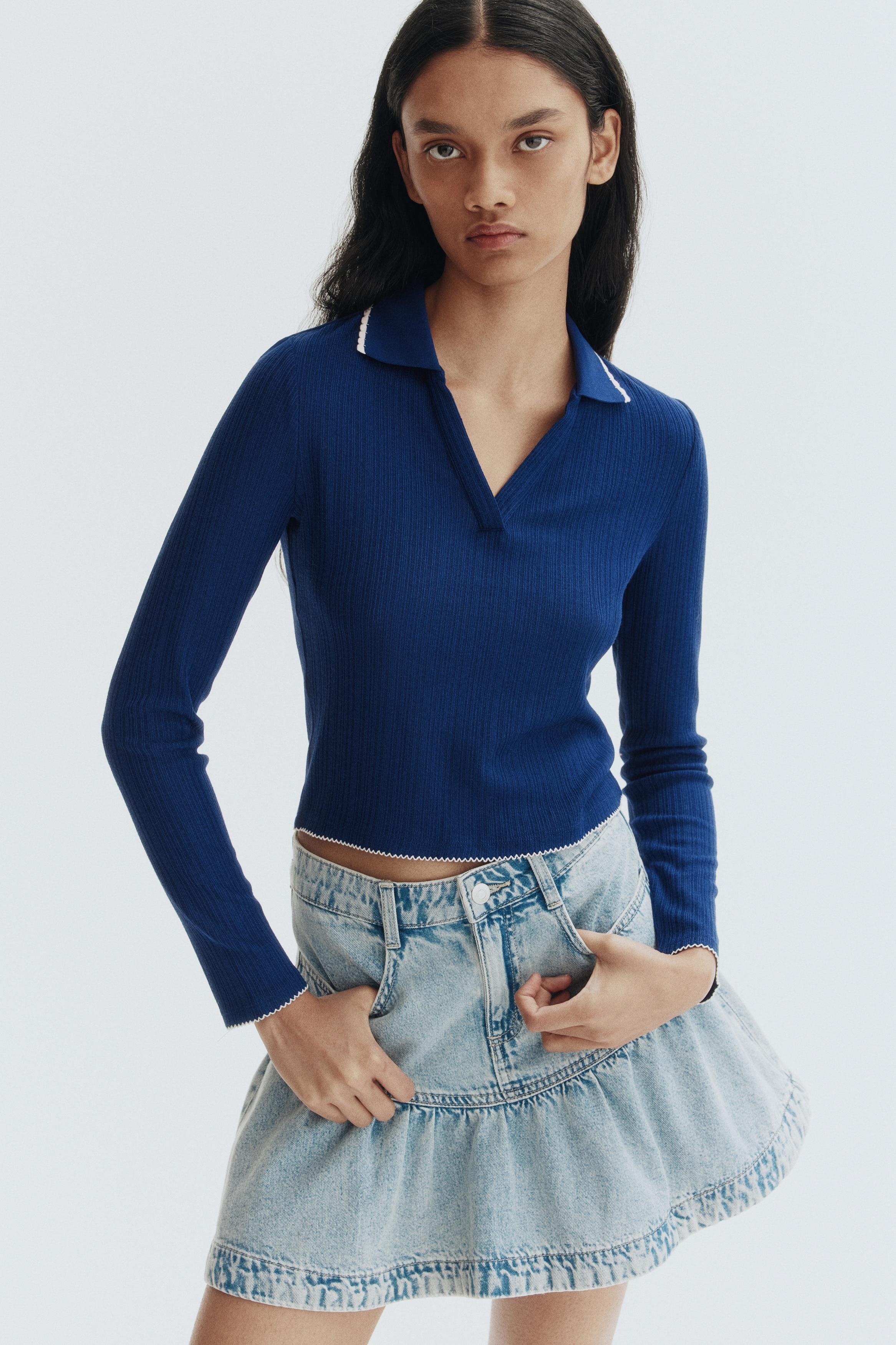 Collared rib-knit top