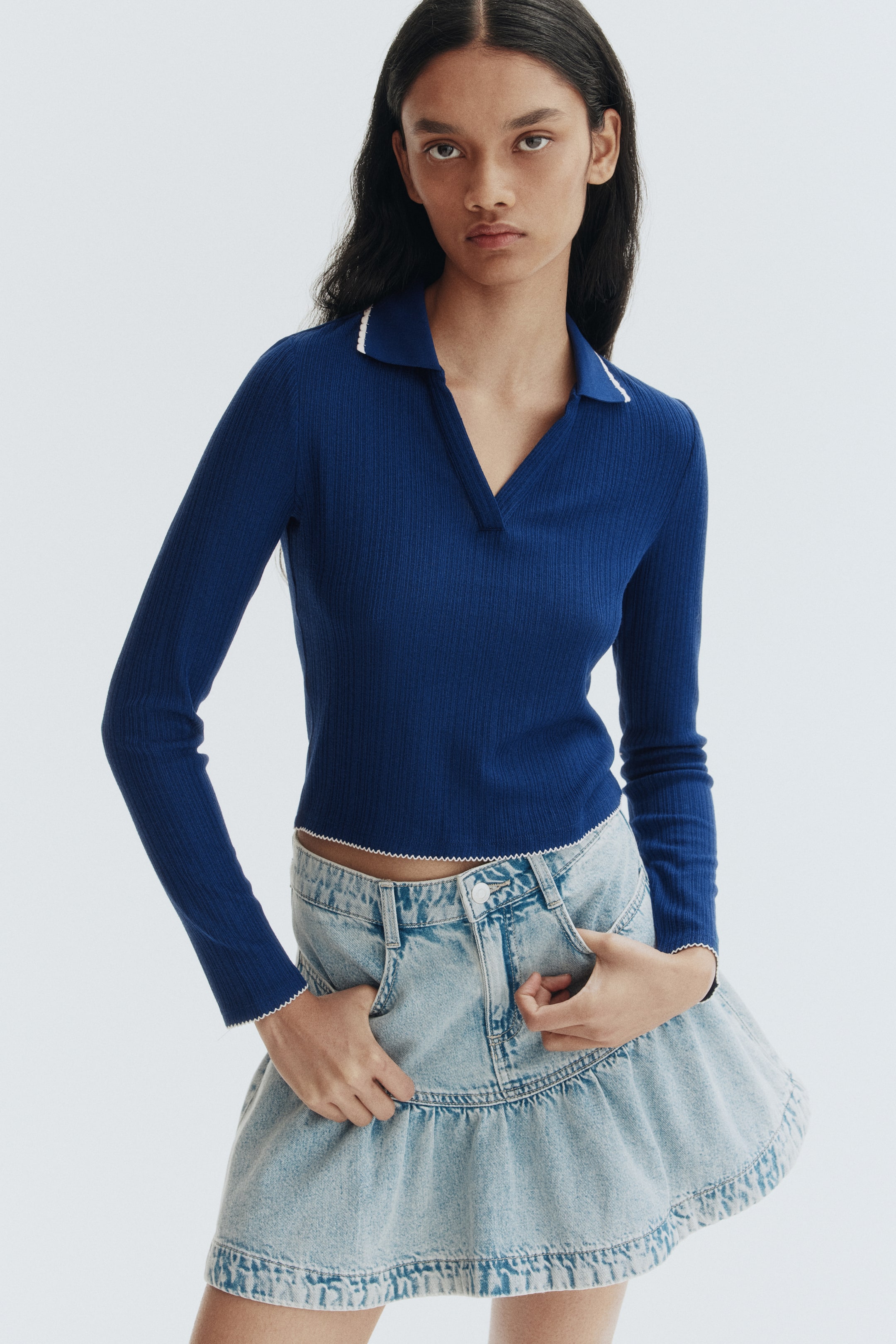 이미지 확대 보기: Collared rib-knit top - 다크 블루 - 여성 | H&M KR 2