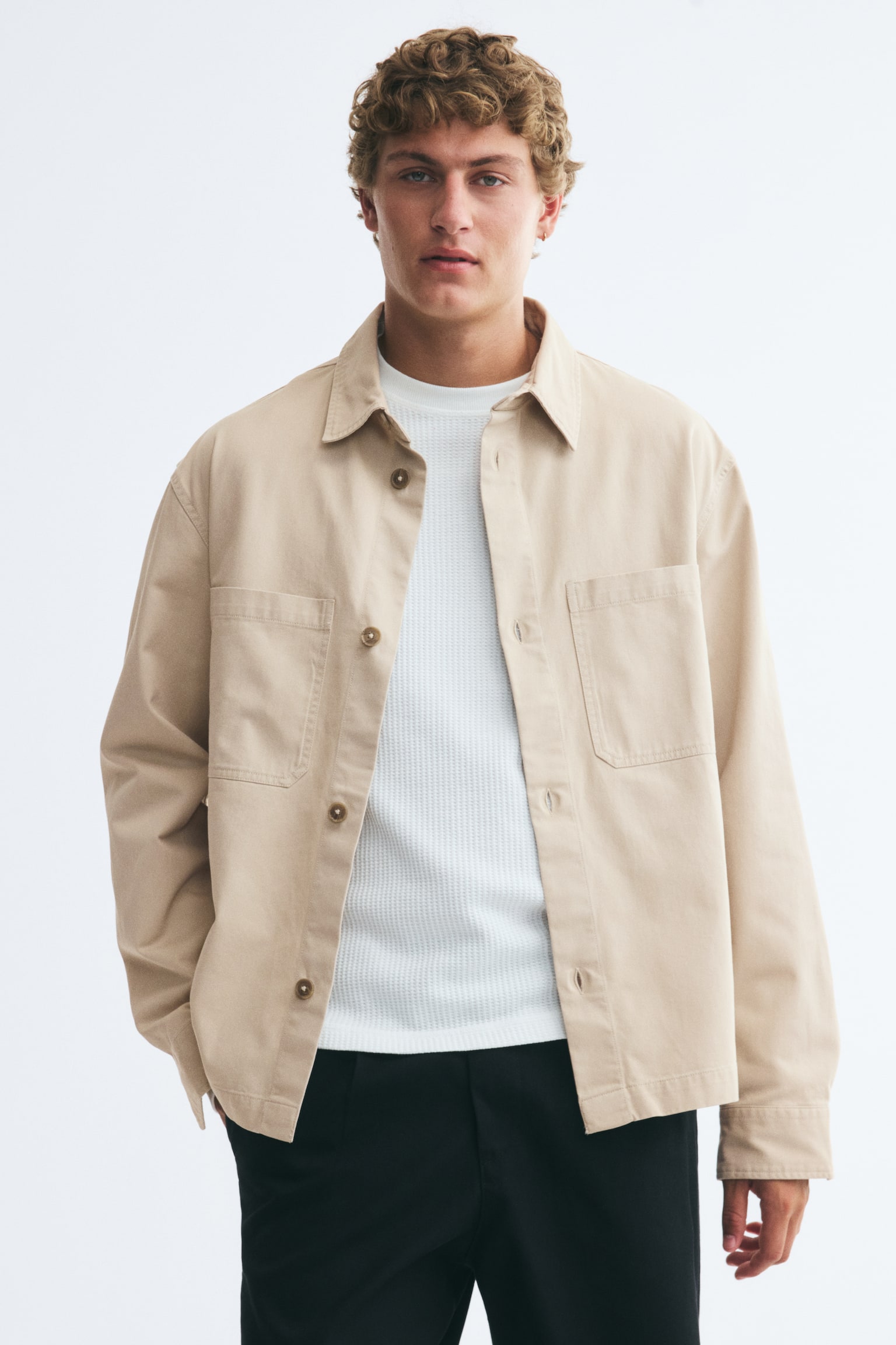 Мужская рубашка H&M Cotton Overshirt, цвет: Бежевый — фото 3