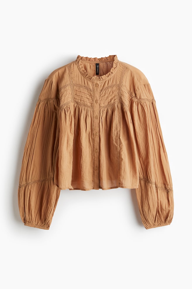 Frill-collared cotton blouse - Dark beige/Light beige - 1