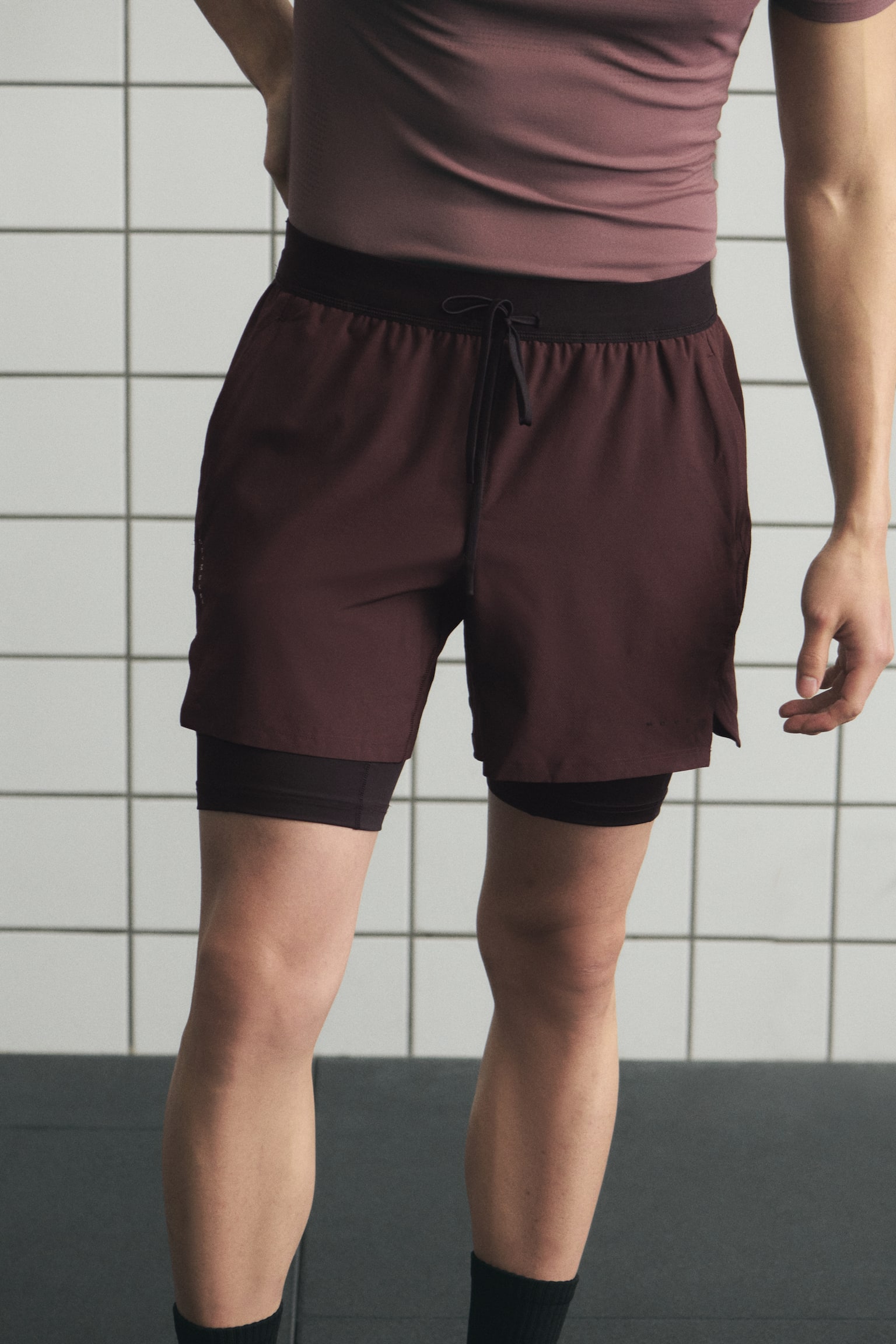 Double-layered sports shorts with DryMove™ - Burgundy/Dark grey - 2