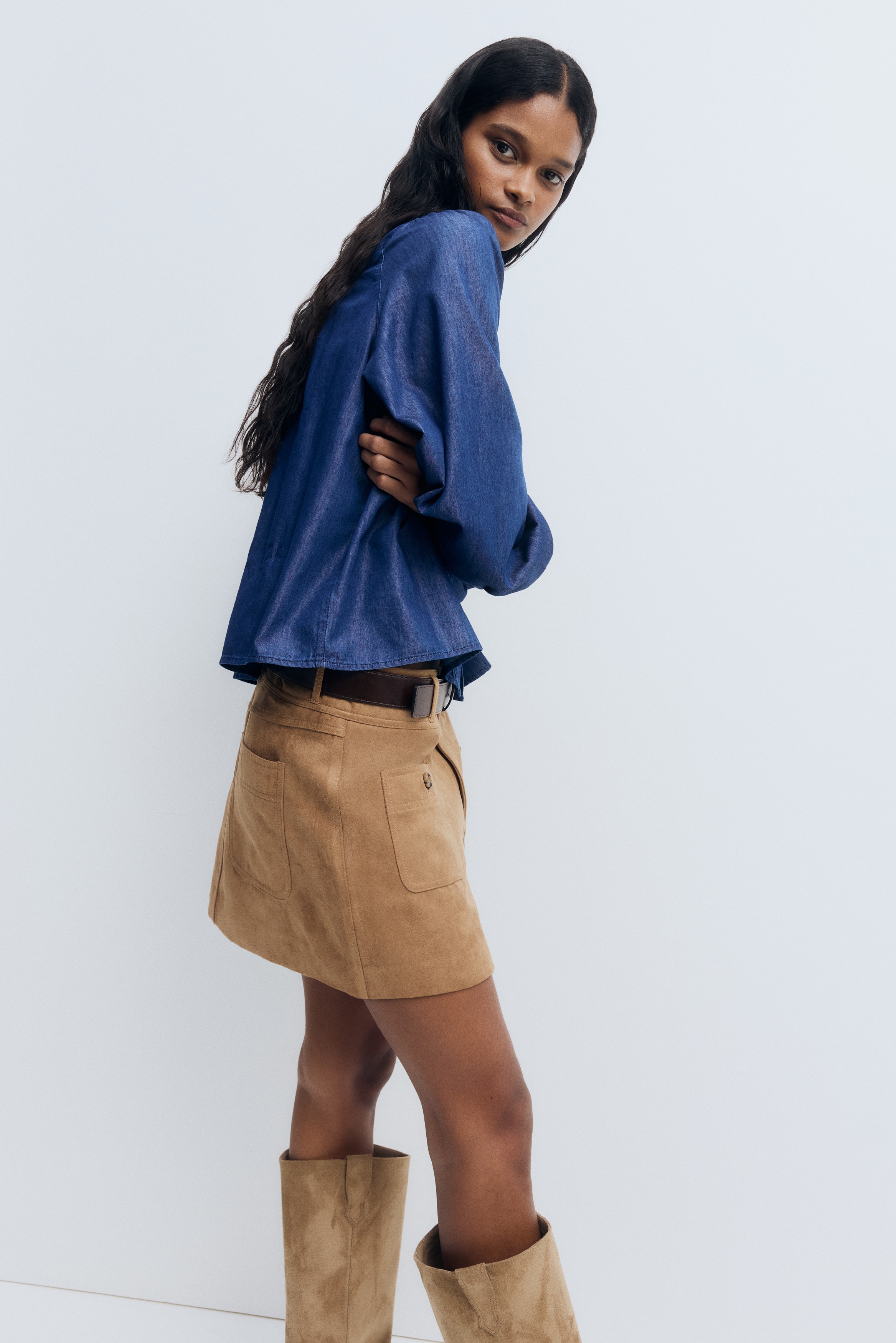 Frill-trimmed denim blouse