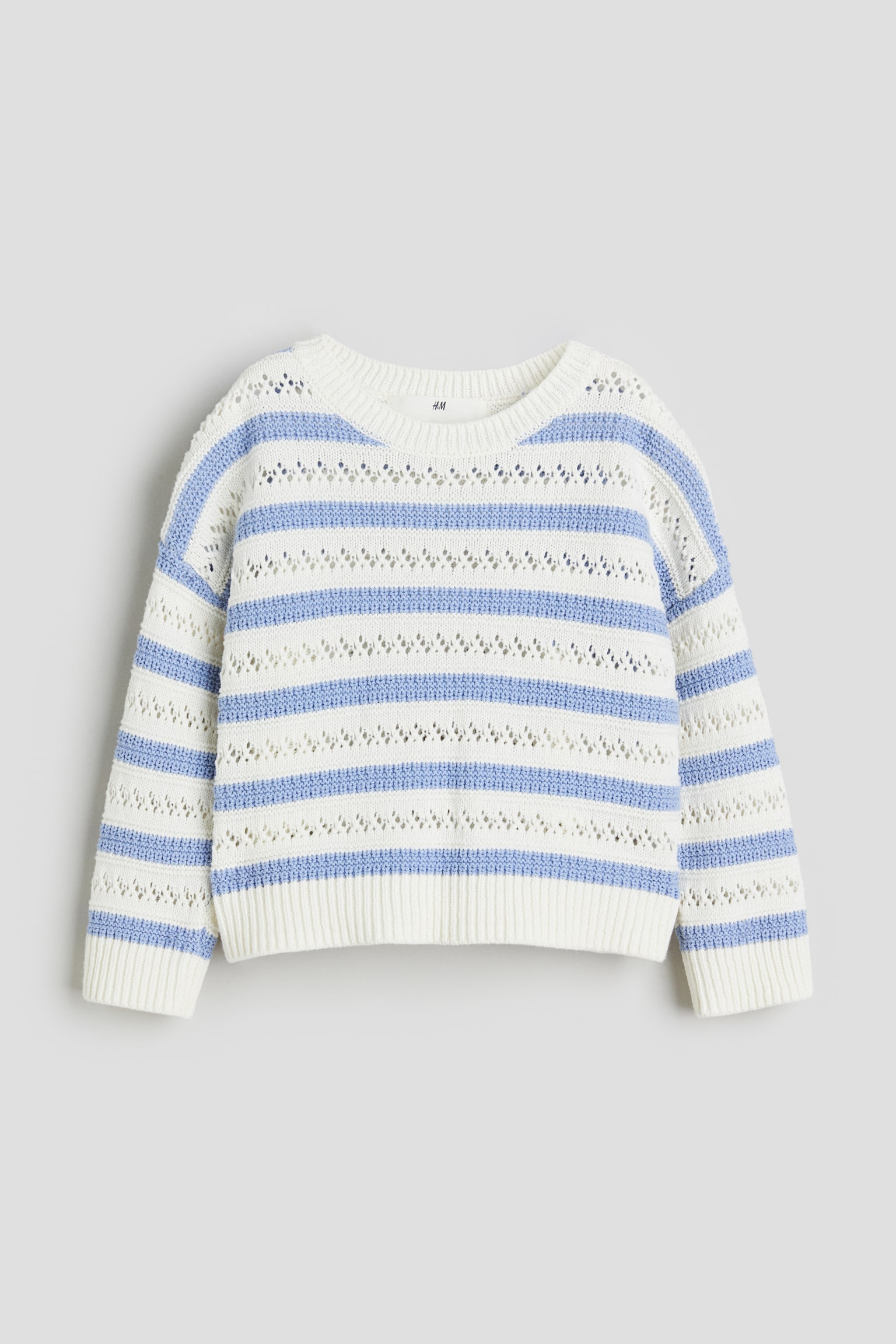 Hole-knit cotton jumper - Light blue/White striped - 1