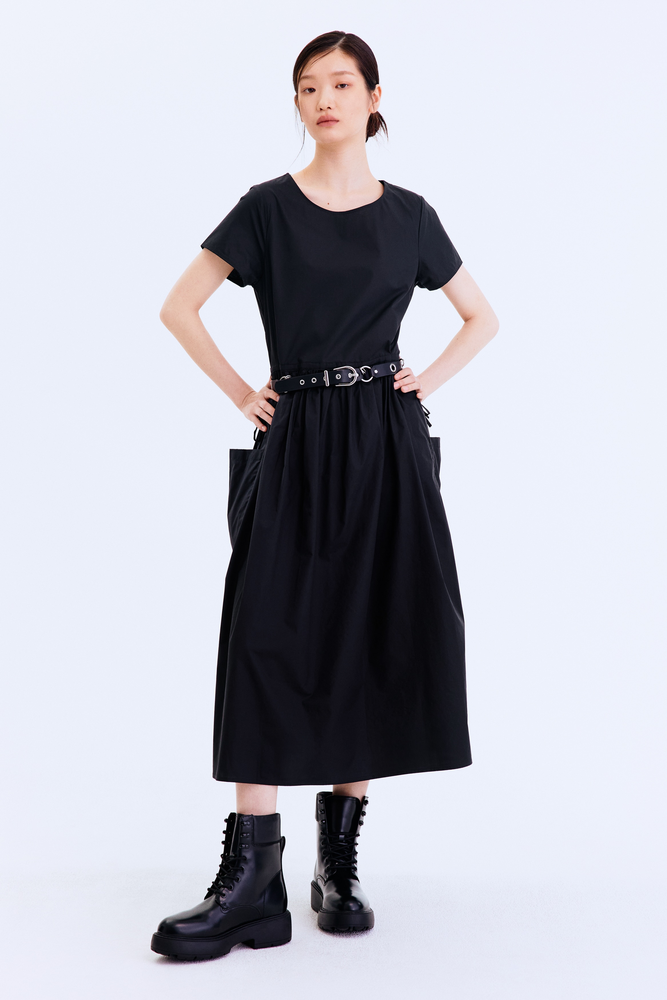 Drawstring-Waist Cotton Dress - Black/Light blue/Cream