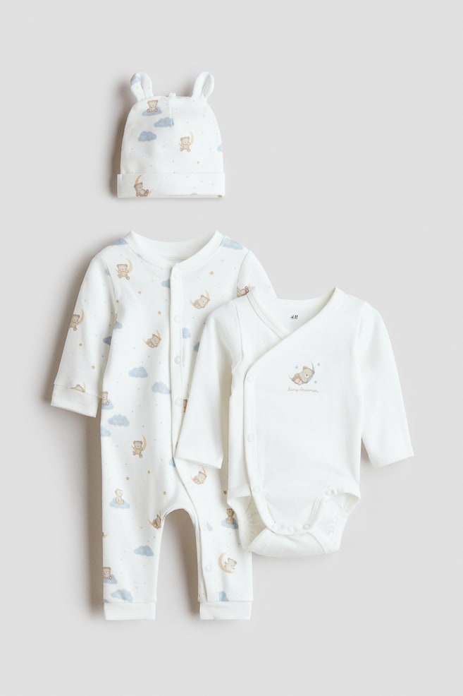 3-piece cotton set - White/Teddy bears/Cream/Teddy bears - 1