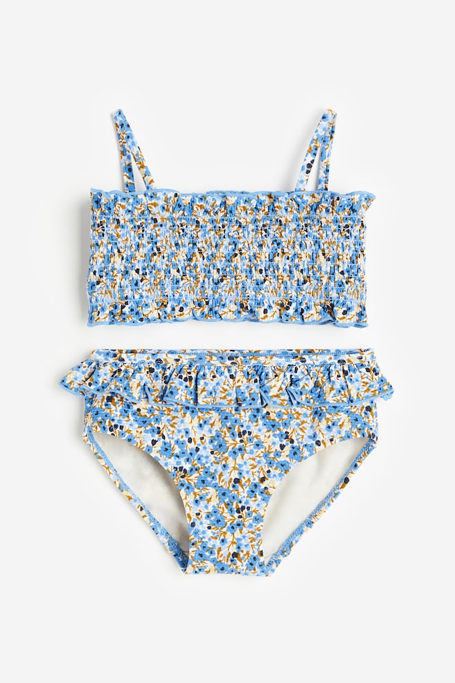 Smocksyet bikini med flæser - Blå/Blomstret/Teglrød - 1