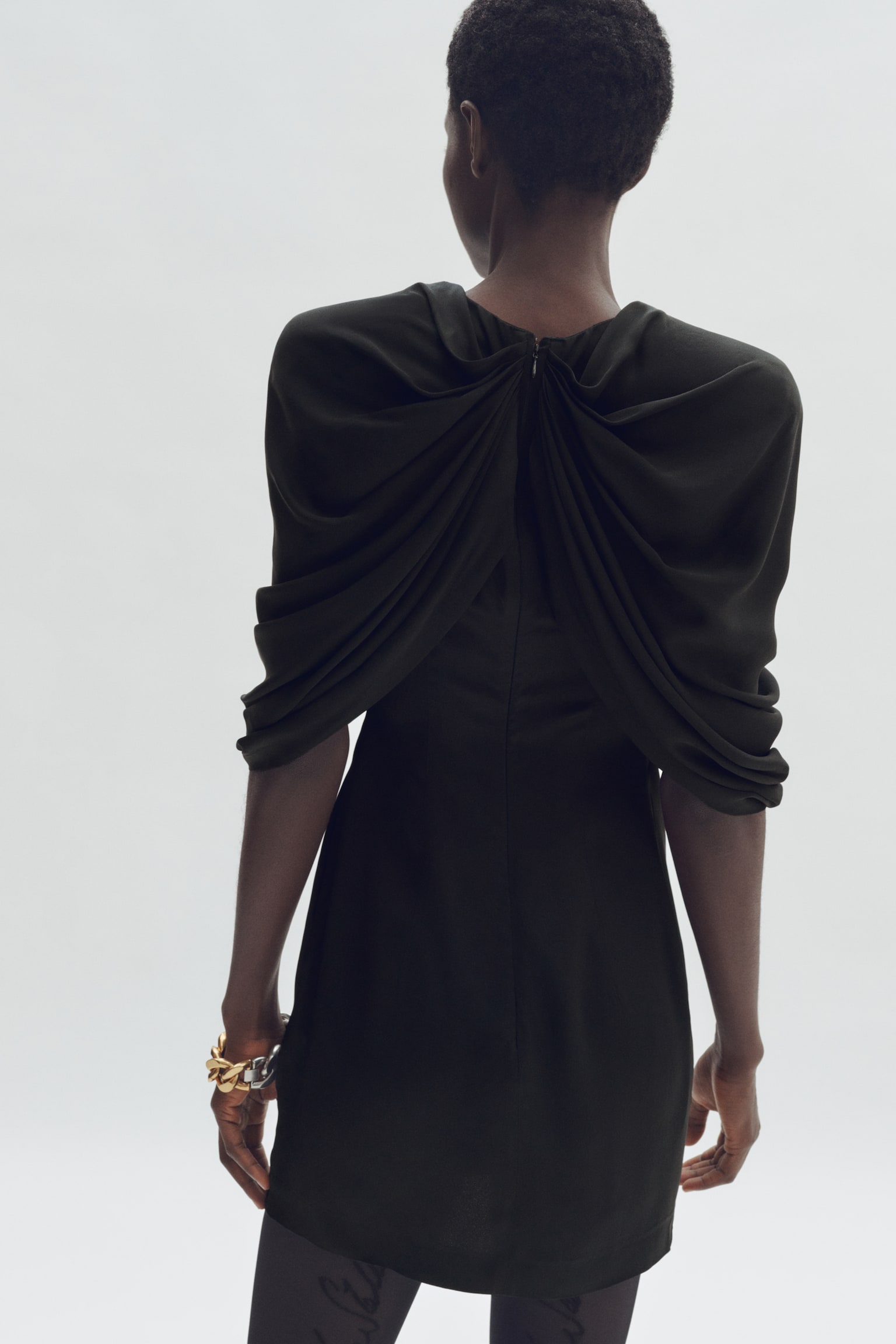 Draped Satin Mini Dress-Black - 3