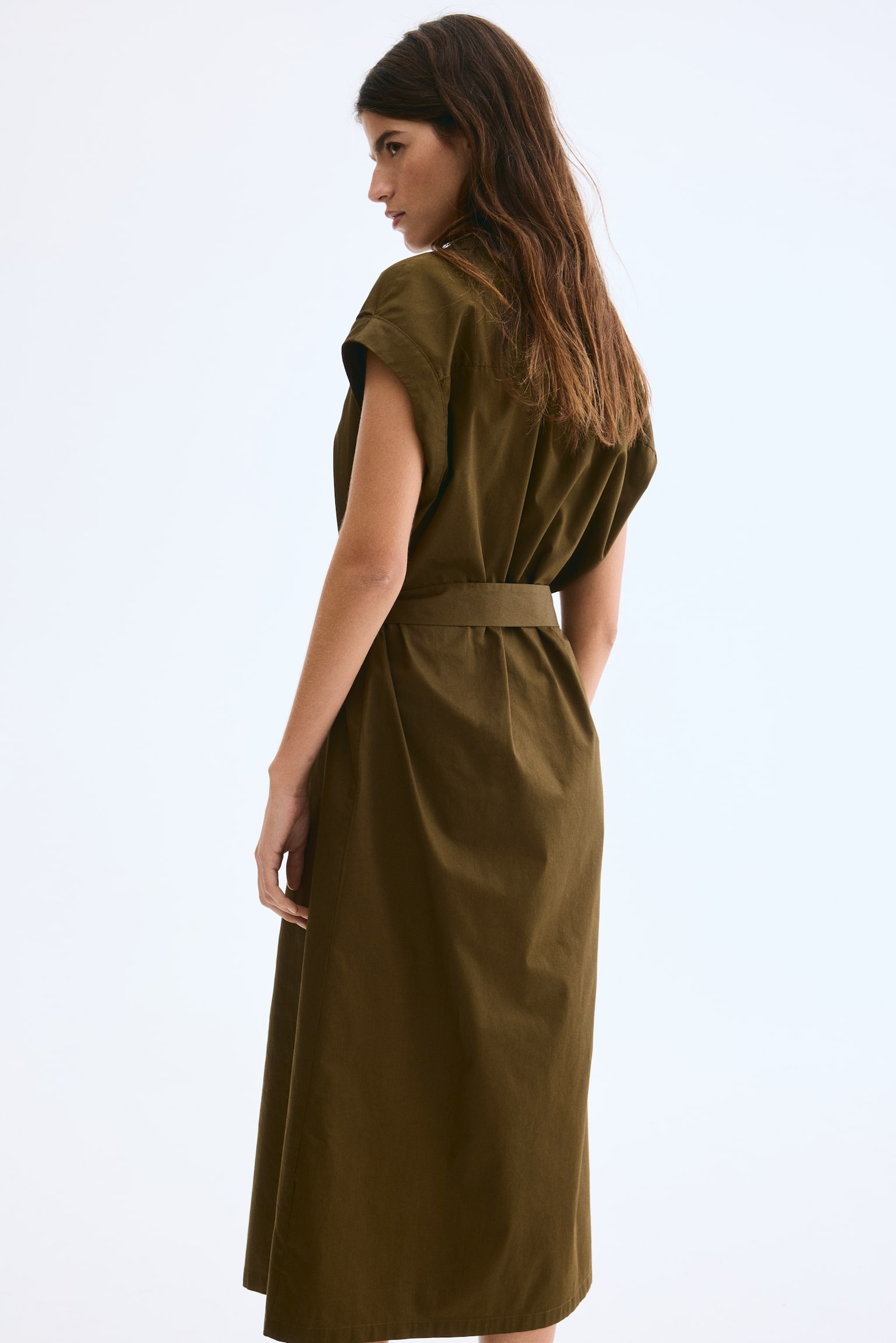 Váy sơ mi bằng poplin có thắt lưng - Màu xanh kaki - 5
