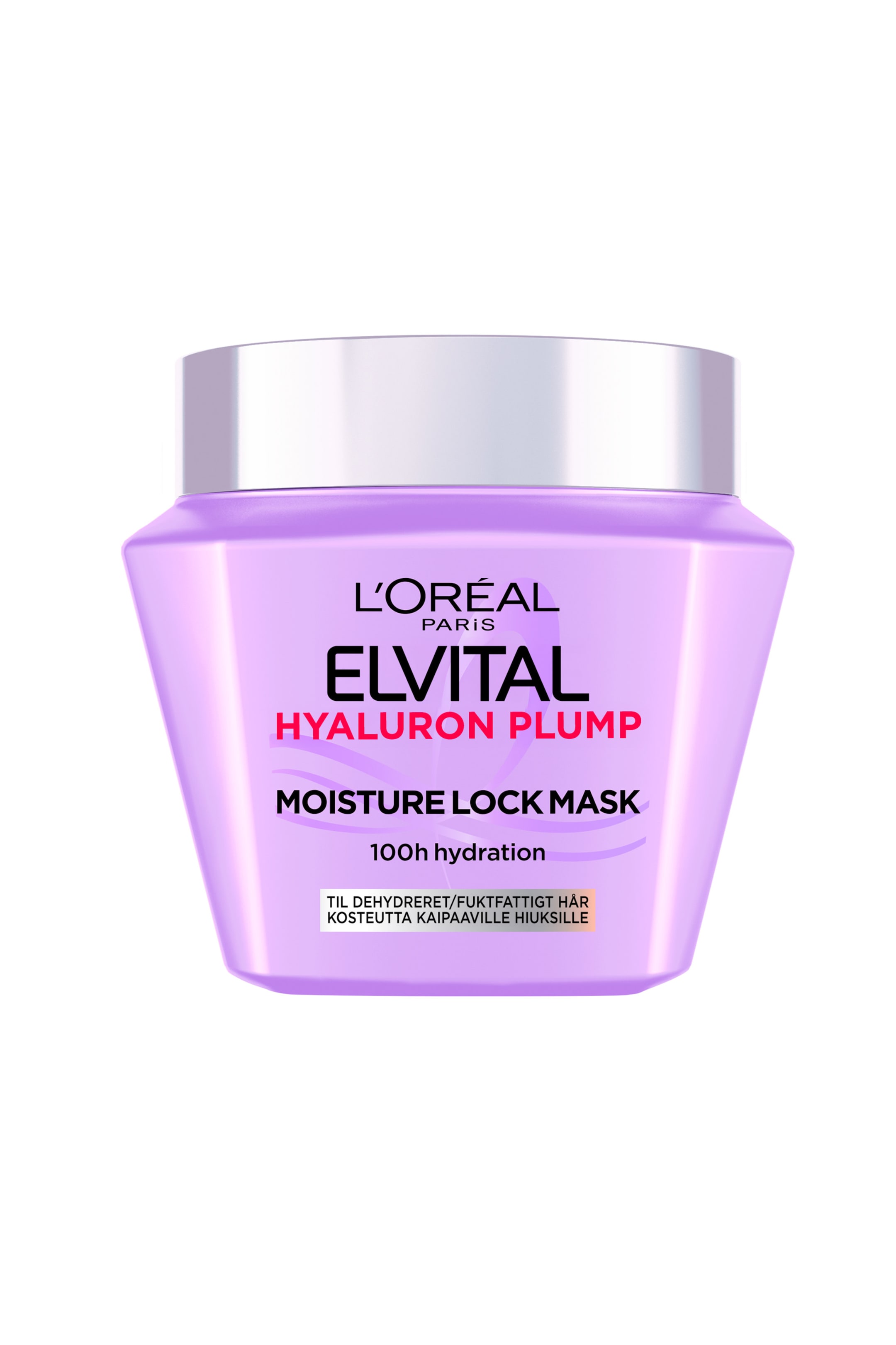 Vis større bilde: En L'Oréal Elvital Hyaluron Plump Moisture Lock Mask-krukke står frontvendt, med en lys lilla, avsmalnende kropp og et metallisk sølvlokk. Forsideetiketten viser "L'ORÉAL PARIS", "ELVITAL", "HYALURON PLUMP" i rosa, "MOISTURE LOCK MASK", og "100h fuktighet".