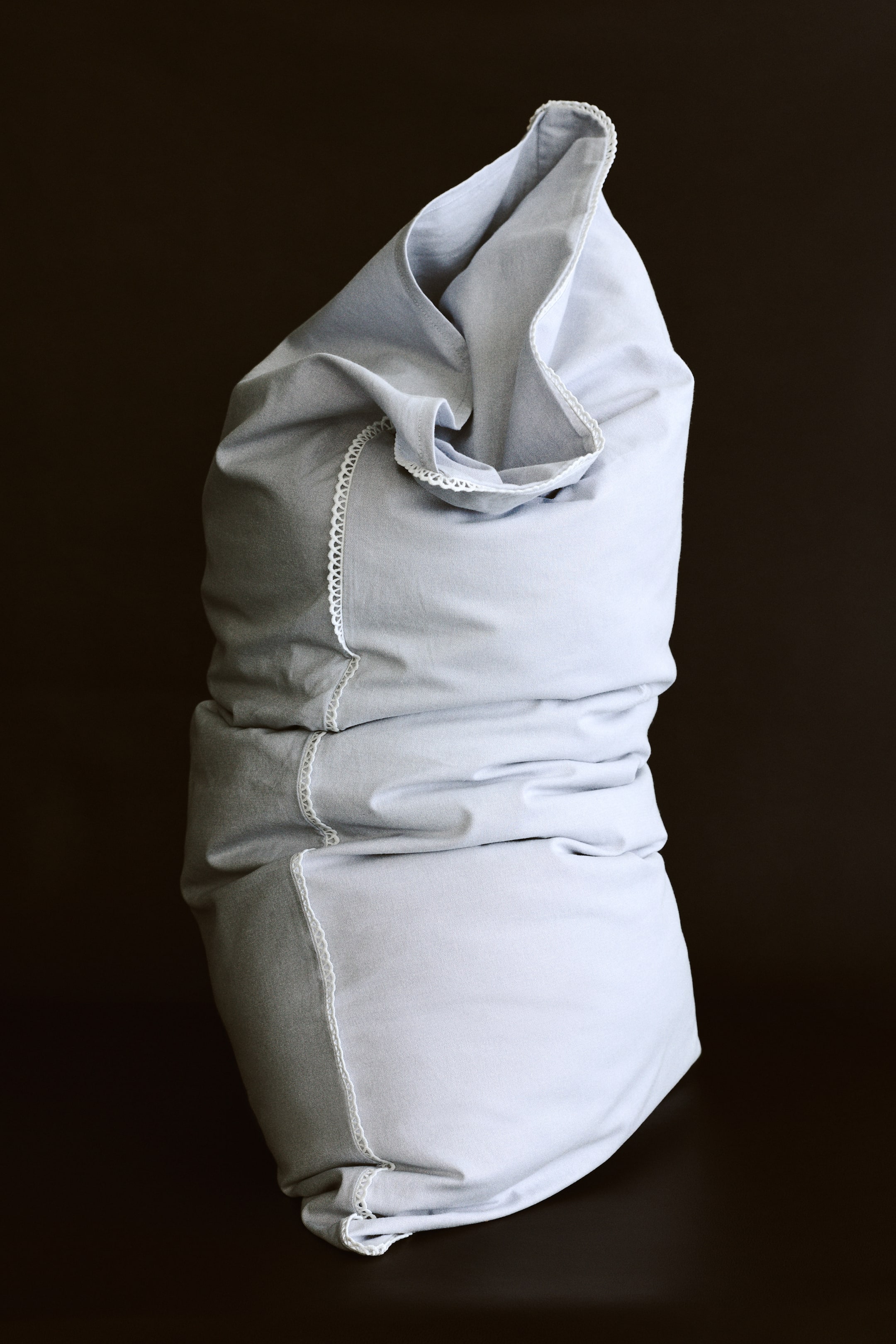 Voir une image plus grande: Une taie d’oreiller gris clair en tissage Oxford, faite de coton, est dressée à la verticale et présente des détails brodés blancs le long de ses bords. Une fermeture portefeuille ouverte est visible en haut, laissant apparaître le tissu intérieur.
