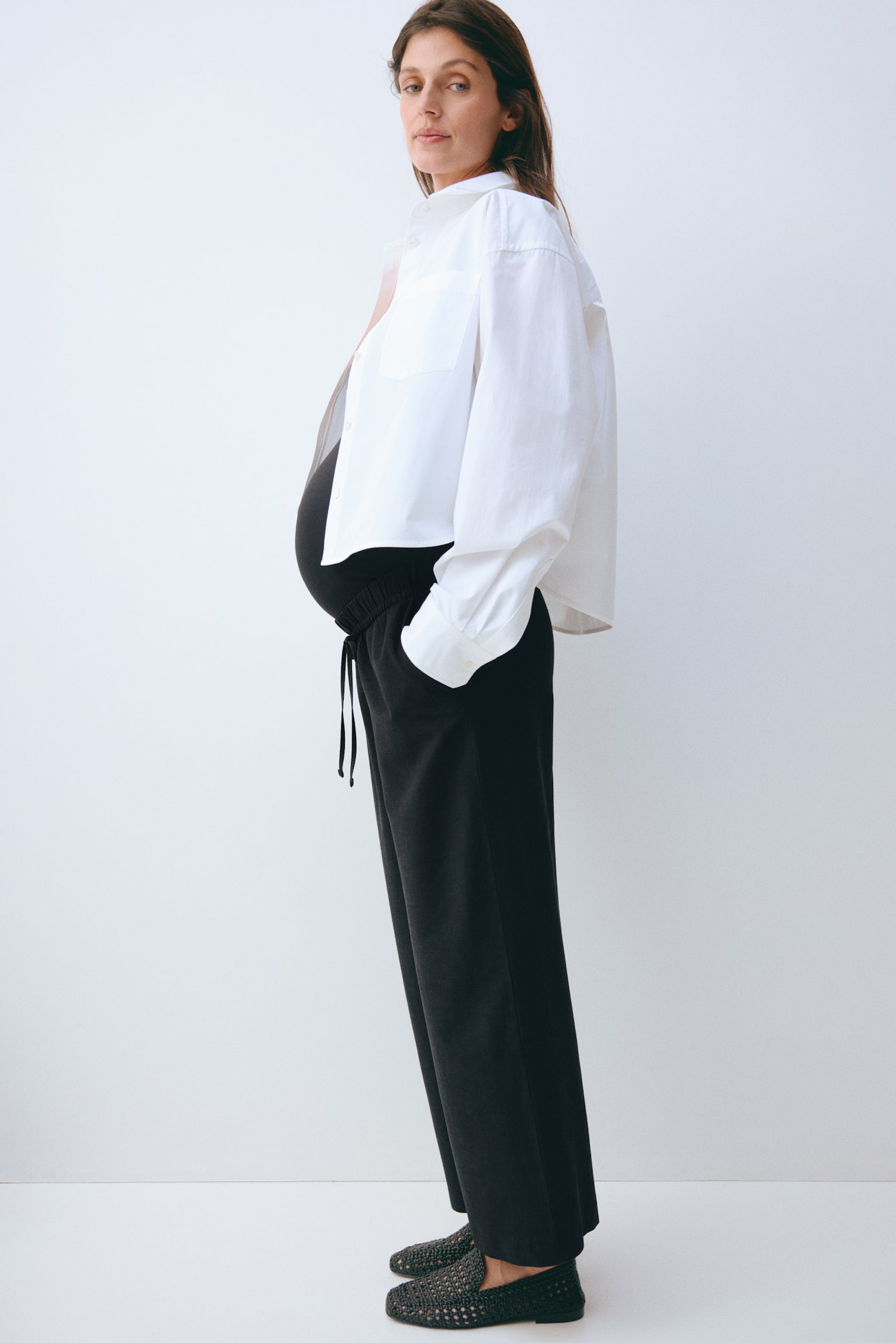 MAMA 亞麻混紡抽繩長褲 - 黑色/淺米色 - 4