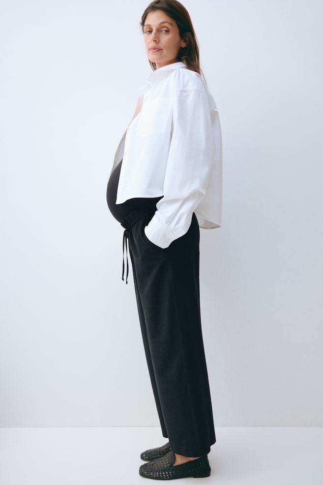 MAMA Linen-Blend Drawstring Pants-Black - 5