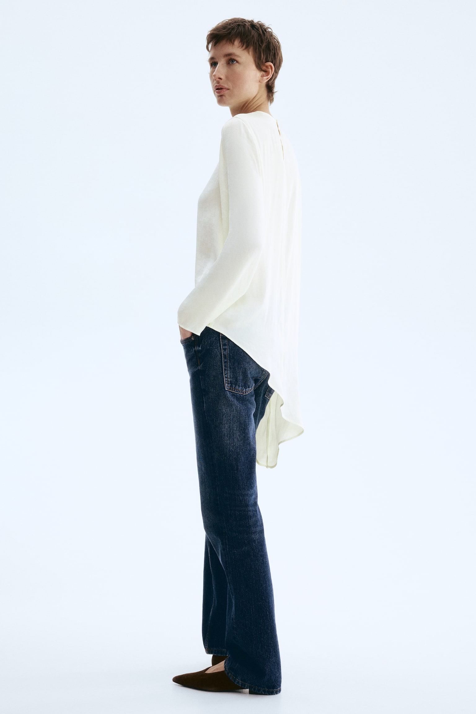 Asymetryczna bluzka - Kremowy/Ciemna zieleń khaki - 5