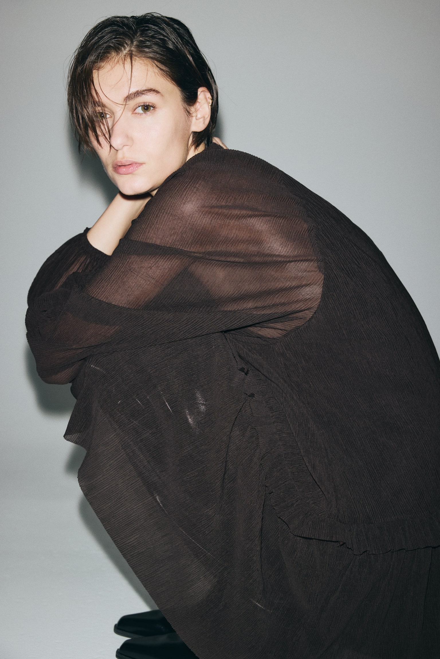 Plissé jersey dress - Dark brown - 6