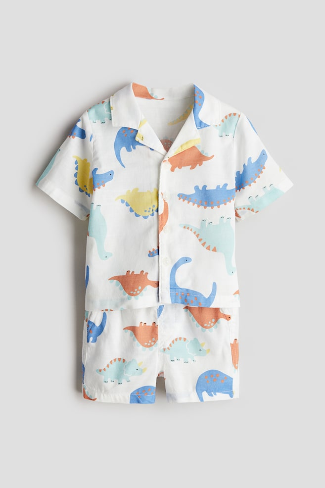 2-piece printed cotton set - White/Dinosaurs/Blue/Striped - 1
