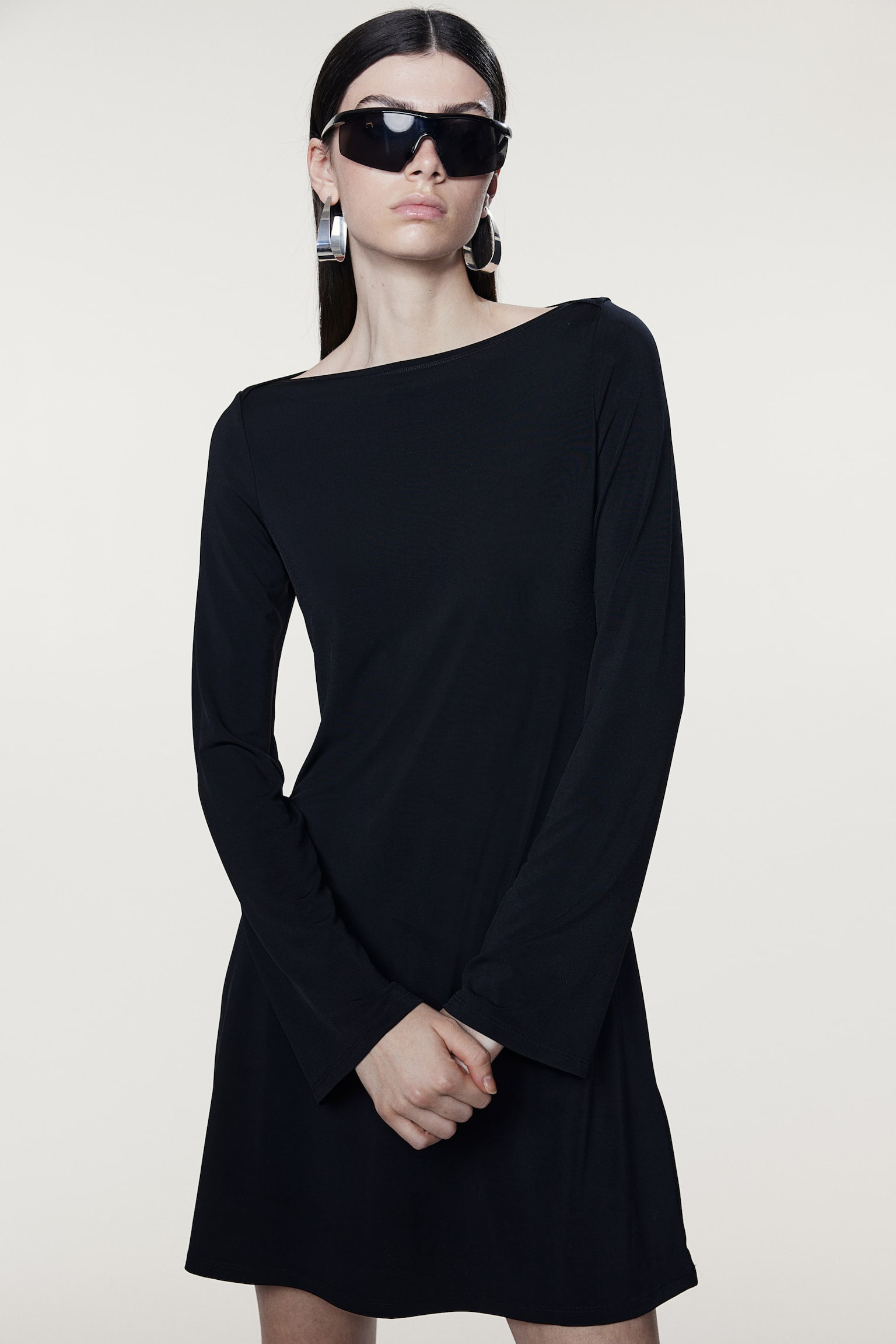 Boat-neck jersey dress - Black/Dark grey - 4