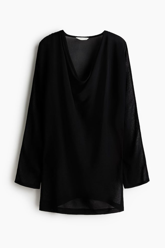 Blusa em malha fina com decote drapeado - Preto/Castanho escuro - 1
