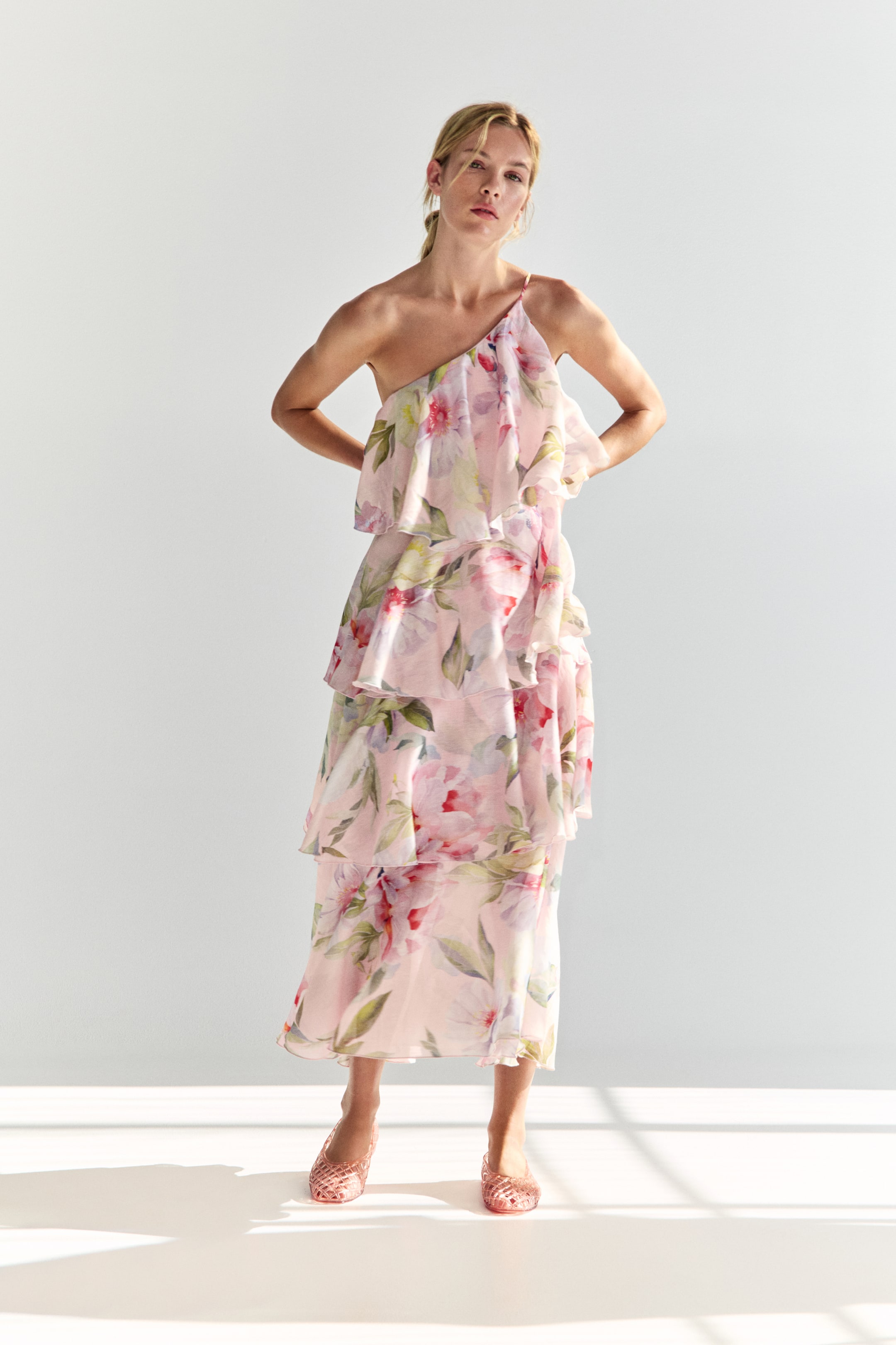Tiered One-Shoulder Linen-Blend Dress