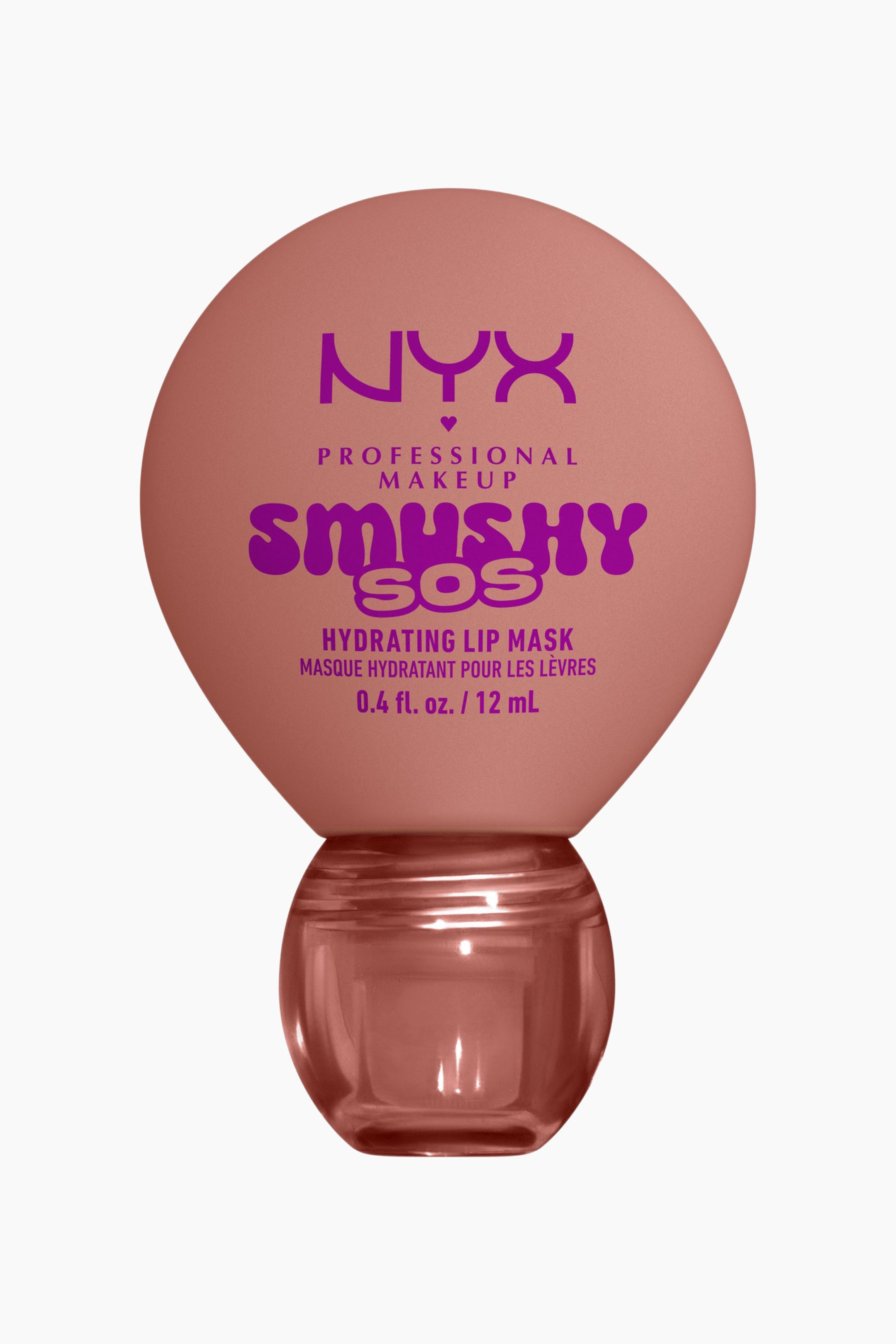 Se større billede: En NYX Smushy SOS Hydrating Lip Mask har en mat, rund, ferskenrosa hætte med lilla 'NYX PROFESSIONAL MAKEUP SMUSHY SOS HYDRATING LIP MASK'-branding. Denne hætte sidder på en gennemsigtig, sfærisk krukke, der indeholder et matchende ferskenrosa produkt, mens varen vender direkte fremad.