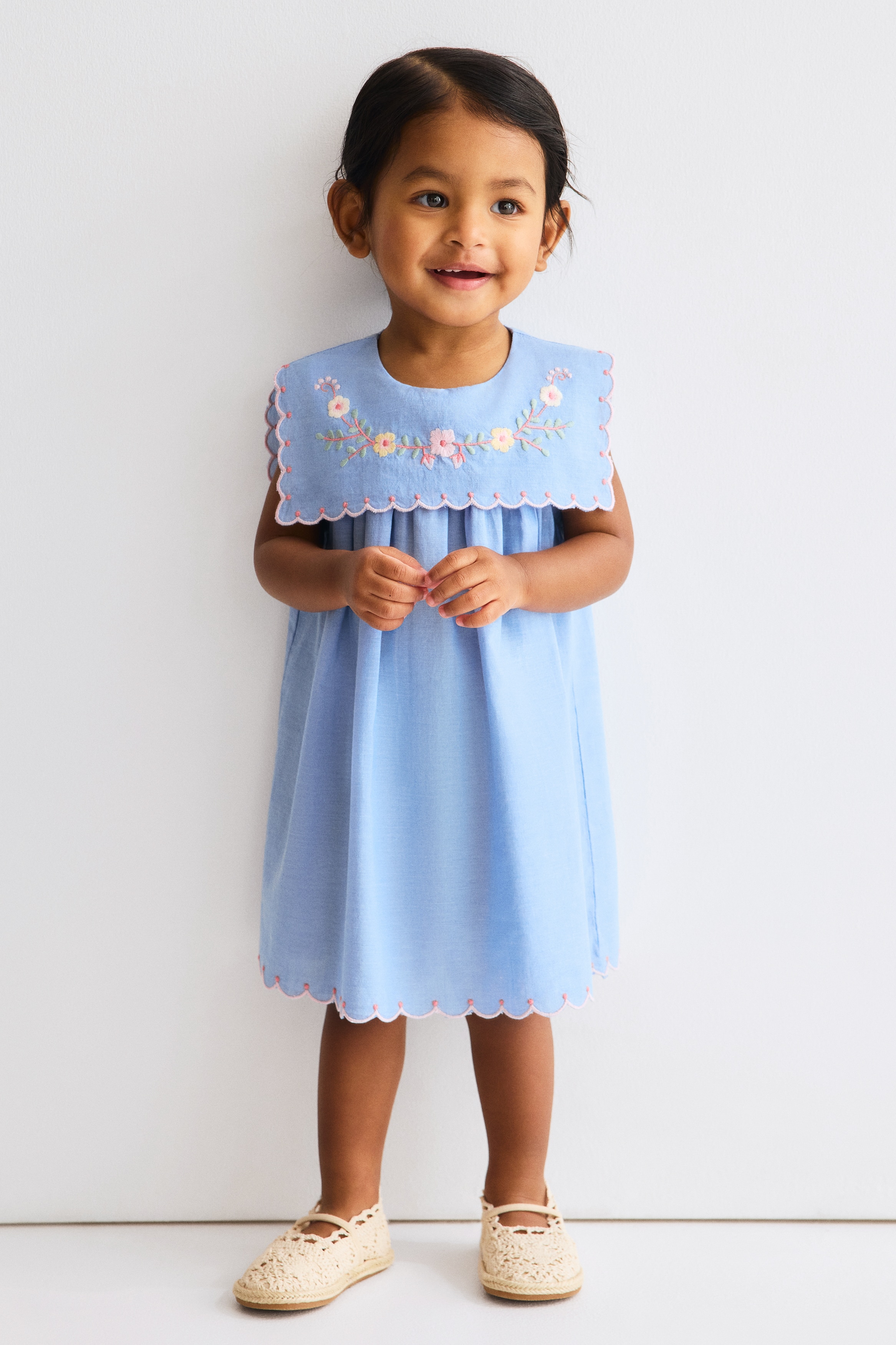 Embroidered cotton dress - Denim blue/Flowers