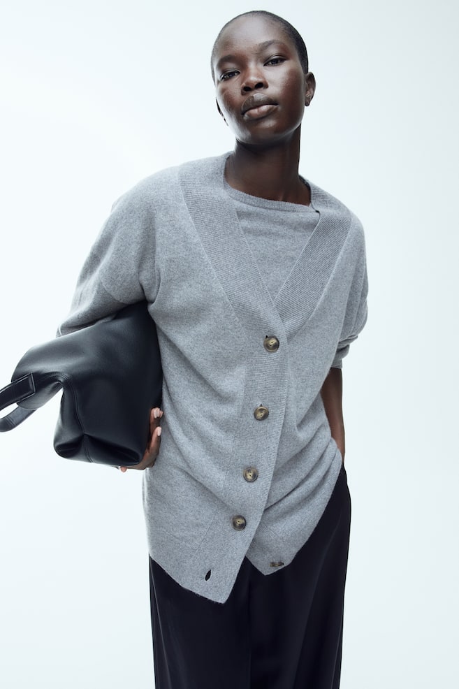Fine-knit cashmere cardigan - Grey marl/Black - 4