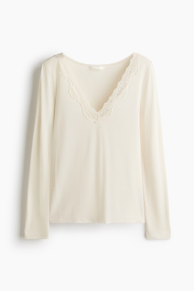Langarmshirt mit Spitzenbesatz - Cremefarben/Dunkelbraun/Schwarz - 1