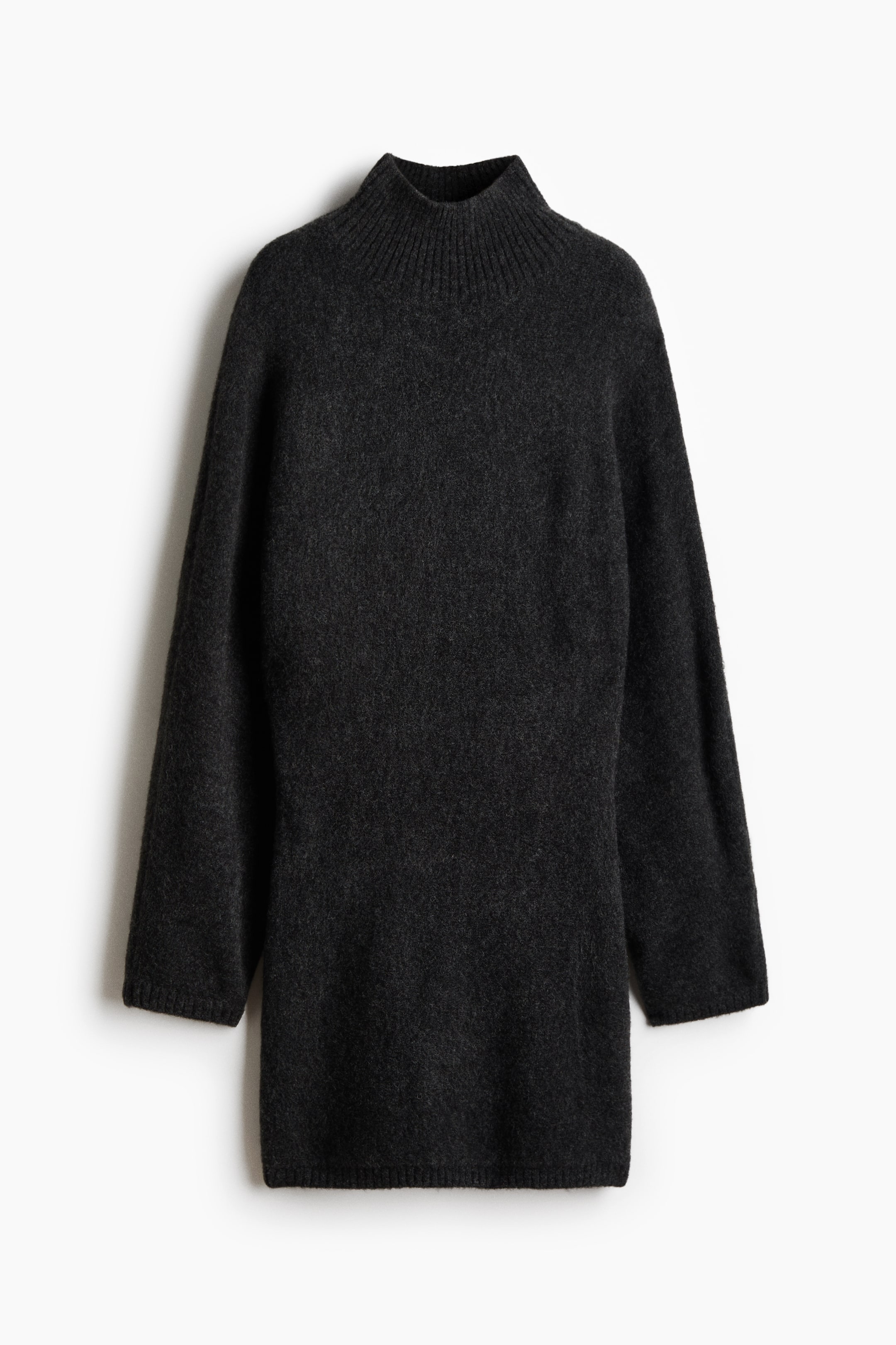 View larger image: A dark grey knit sweater dress is shown from the front, featuring a high ribbed mock neck, long sleeves, and a relaxed straight silhouette. The dress showcases a soft, fuzzy knit texture with ribbed finishes on the collar, cuffs, and hem.