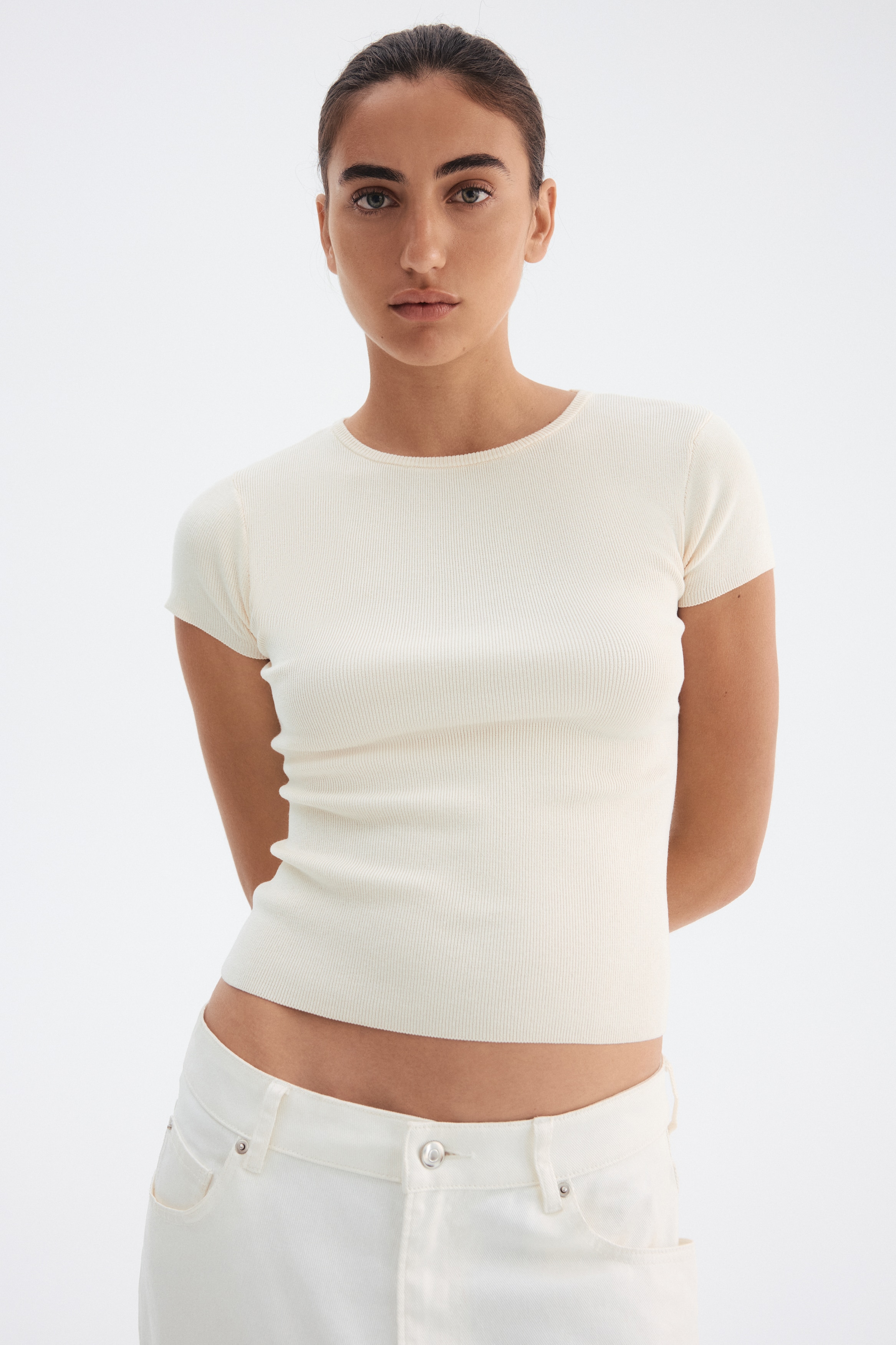 H & M - Fine-knit T-shirt - ベージュ H & M - Fine-knit T-shirt - ベージュ