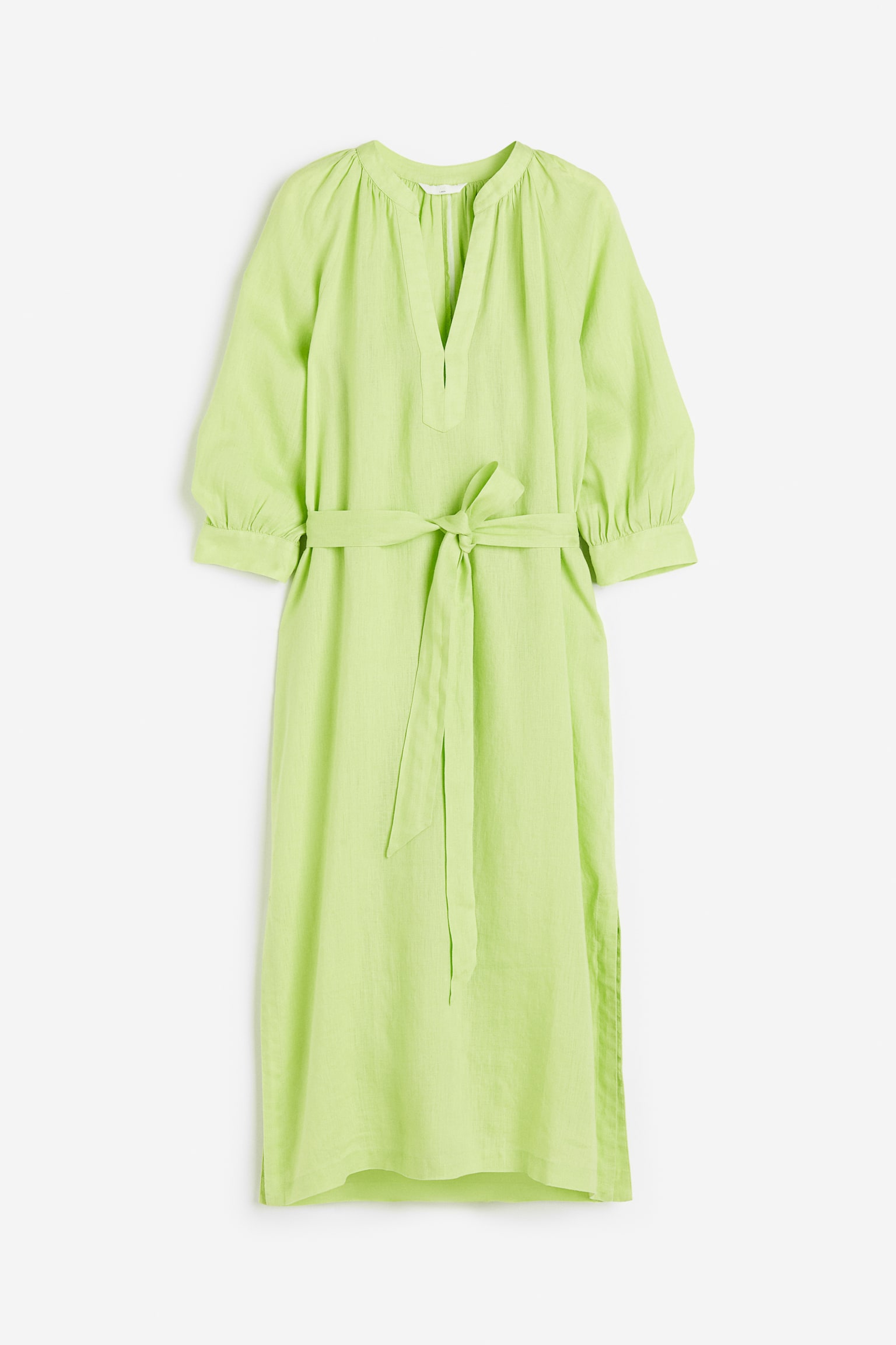 Linen tie-belt dress - Lime green - 1