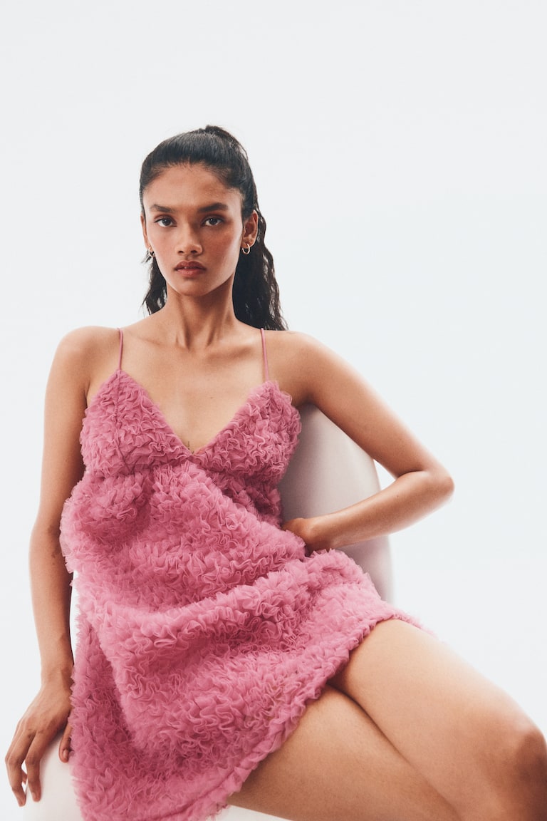open lace back dress Pink Floral Mesh Dress With Ruffled Slit main image 1