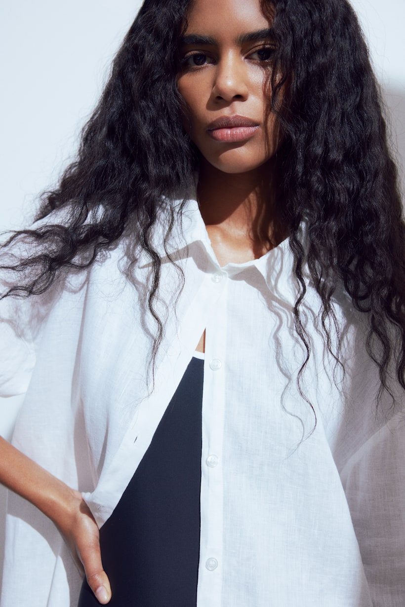 Long Linen Shirt - Long sleeve - Long - White - Ladies | H&M US