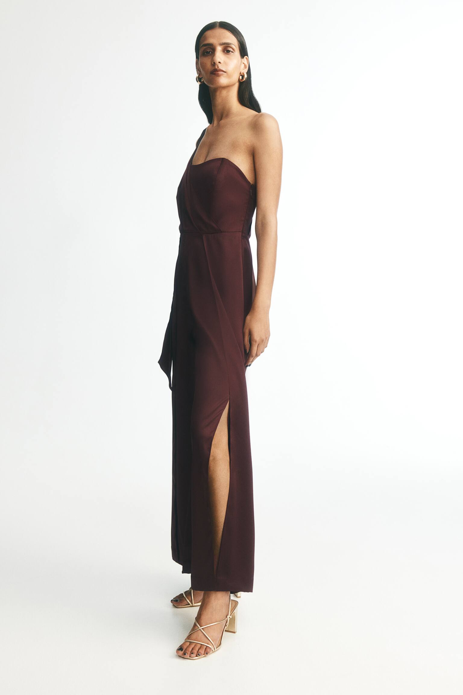 One-shoulder satin jumpsuit - Burgundy - 6