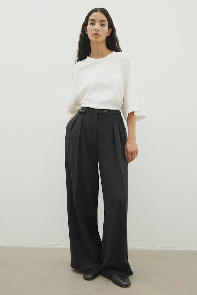 Wide wool-blend trousers - Black/Grey - 1