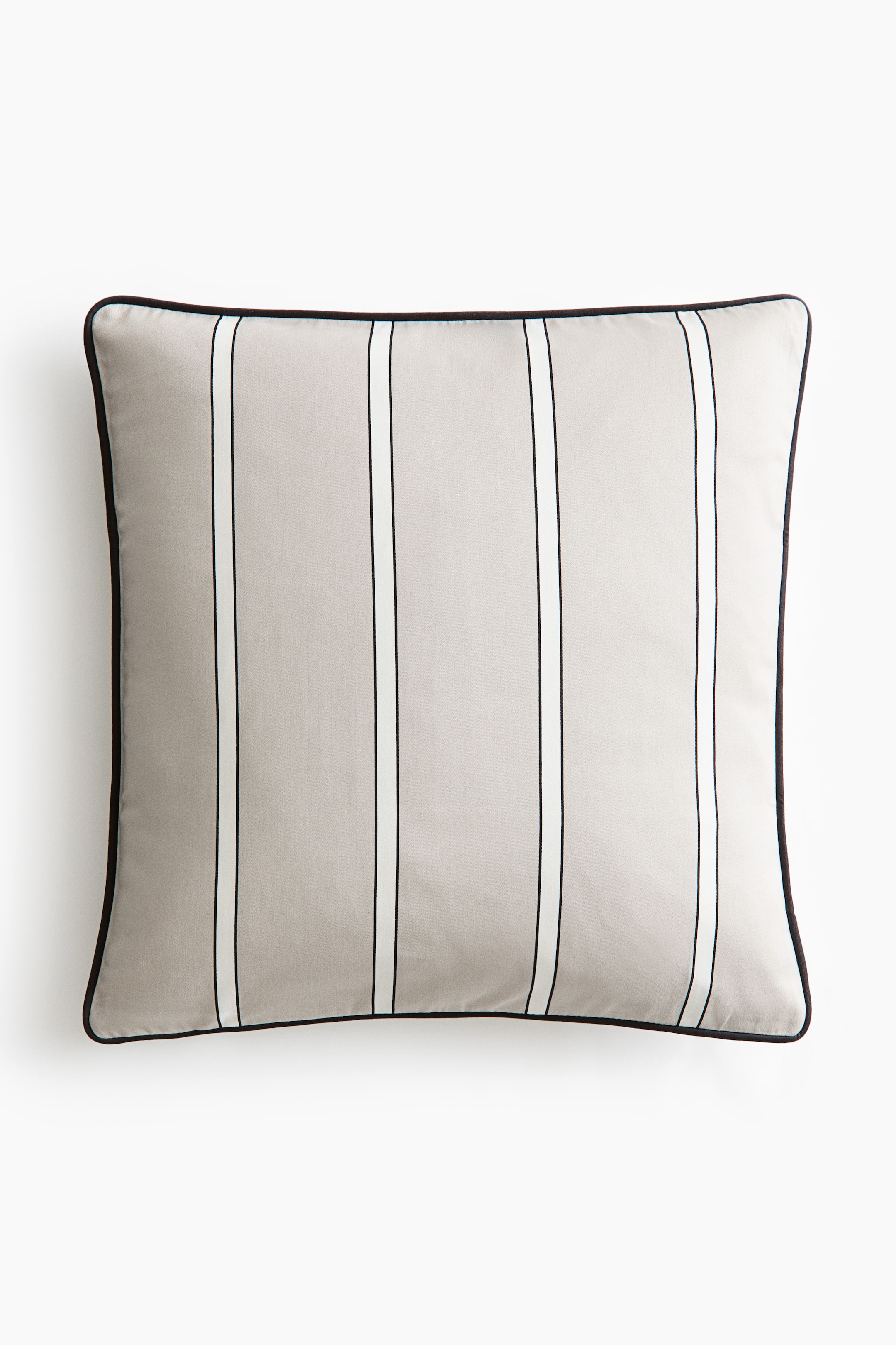 View larger image: A square cushion is facing front, displaying a light grey background with vertical white stripes, each bordered by thin black lines, and featuring black piping along all edges.
