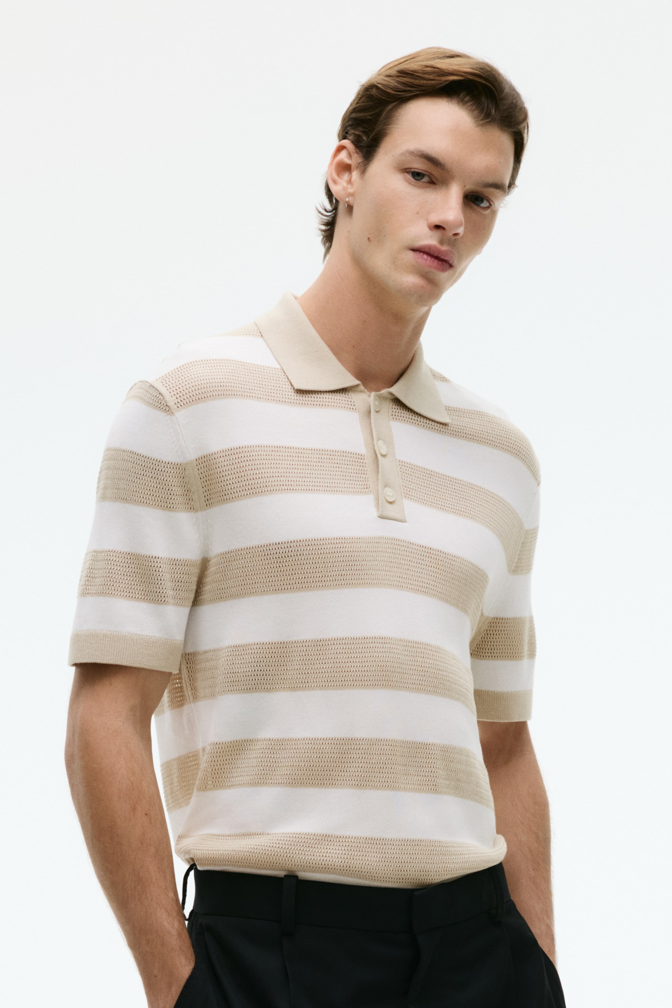 View larger image: Regular Fit Fine-knit polo shirt - Light beige/Striped - Men | H&M SG 2