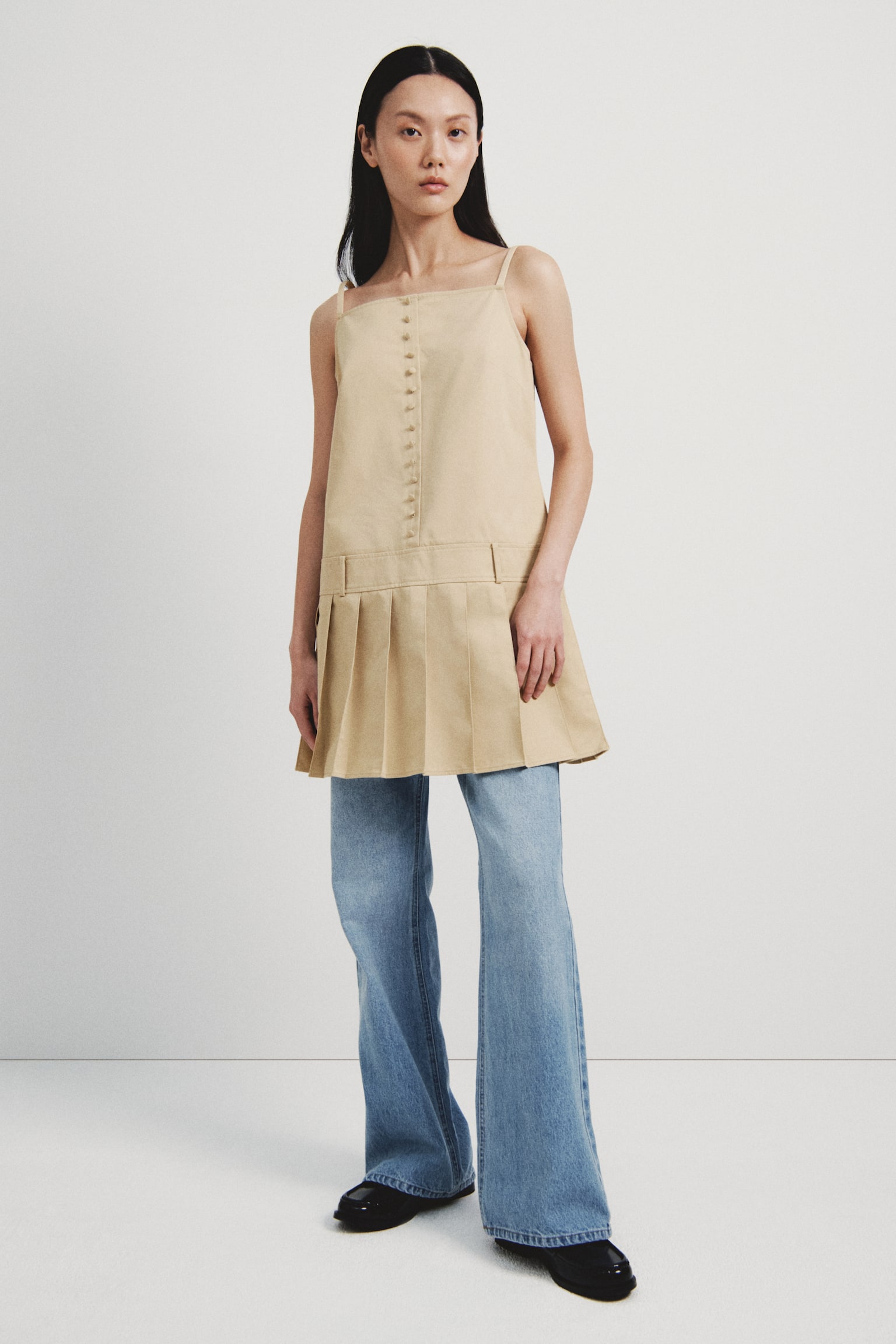 Pleated-skirt dress - Beige/Navy blue - 4